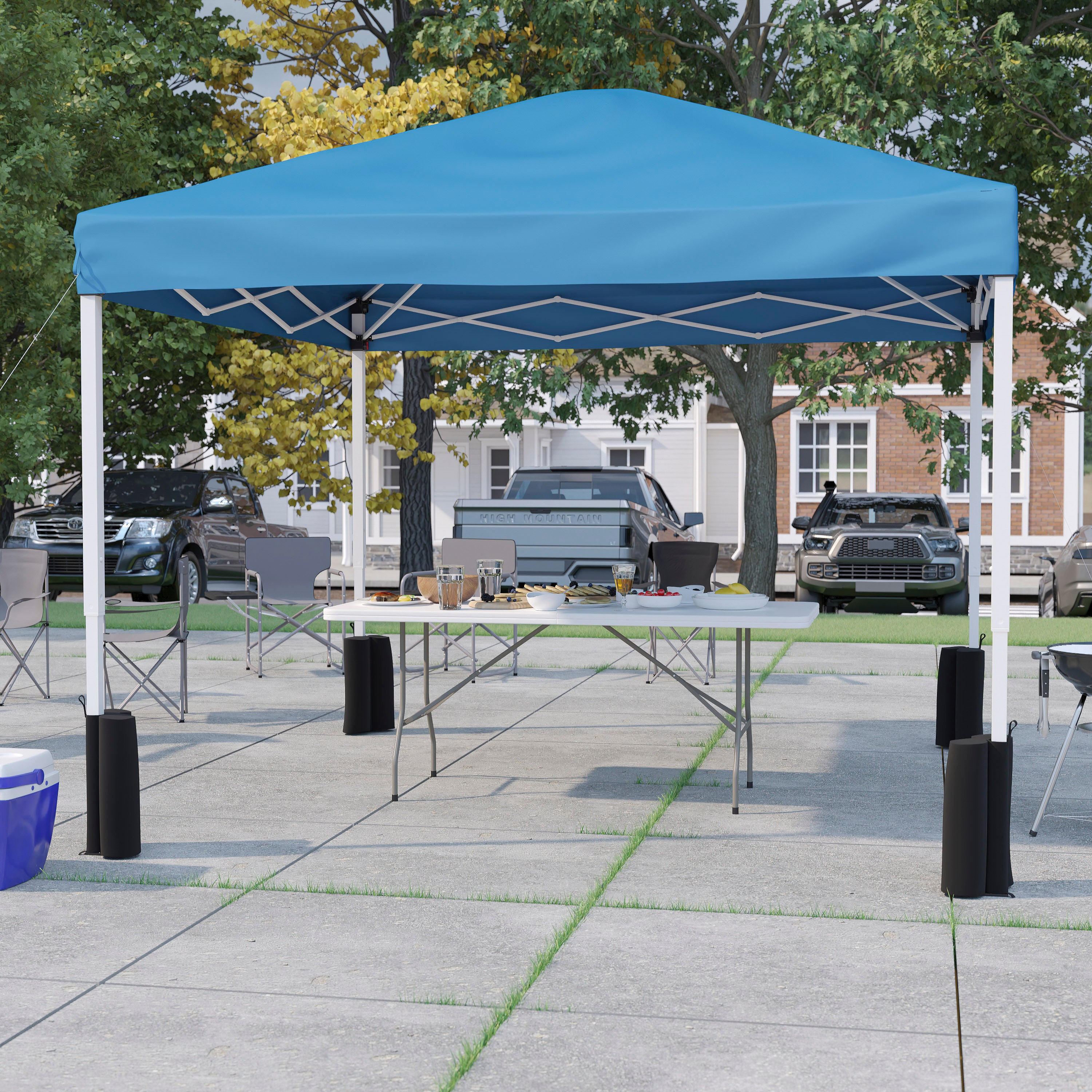 Otis 10'x10' Blue Pop Up Canopy Tent with Wheeled Case and 6-Foot Bi-Fold Folding Table with Carrying Handle - Tailgate Tent Set