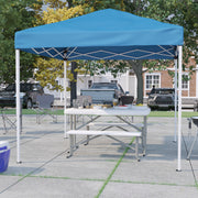 Kramer 8'x8' Blue Pop Up Event Canopy Tent with Carry Bag and Folding Bench Set - Portable Tailgate, Camping, Event Set