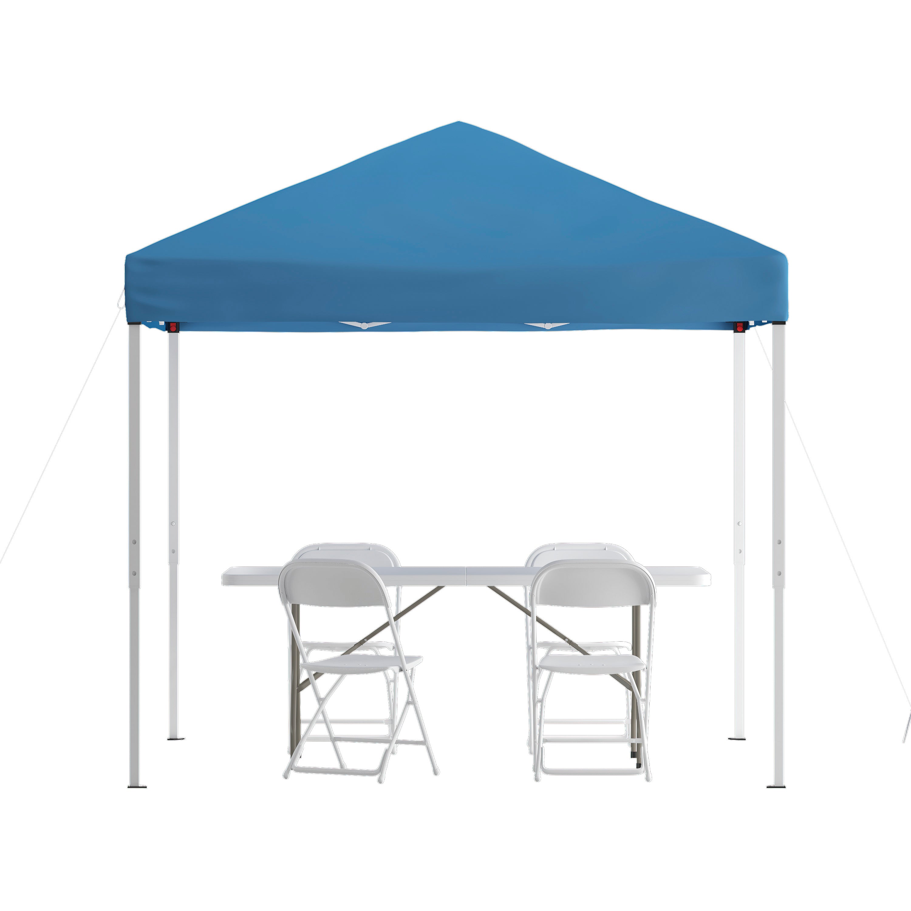Otis Portable Tailgate/Event Tent Set - 8'x8' Blue Pop Up Canopy Tent, 6-Foot Bi-Fold Table, Set of 4 White Folding Chairs