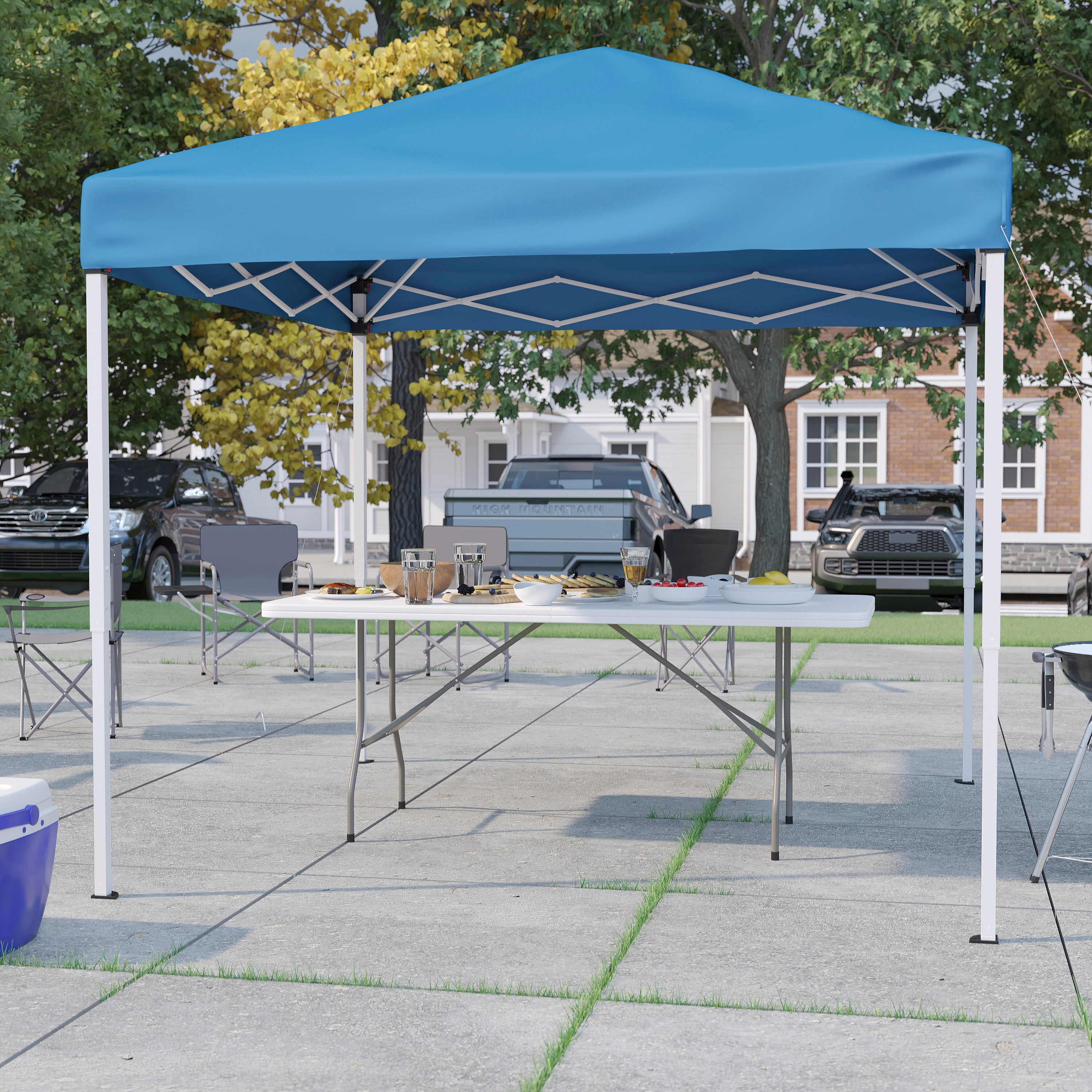 Otis 8'x8' Blue Pop Up Event Canopy Tent with Carry Bag and 6-Foot Bi-Fold Folding Table with Carrying Handle - Tailgate Tent Set
