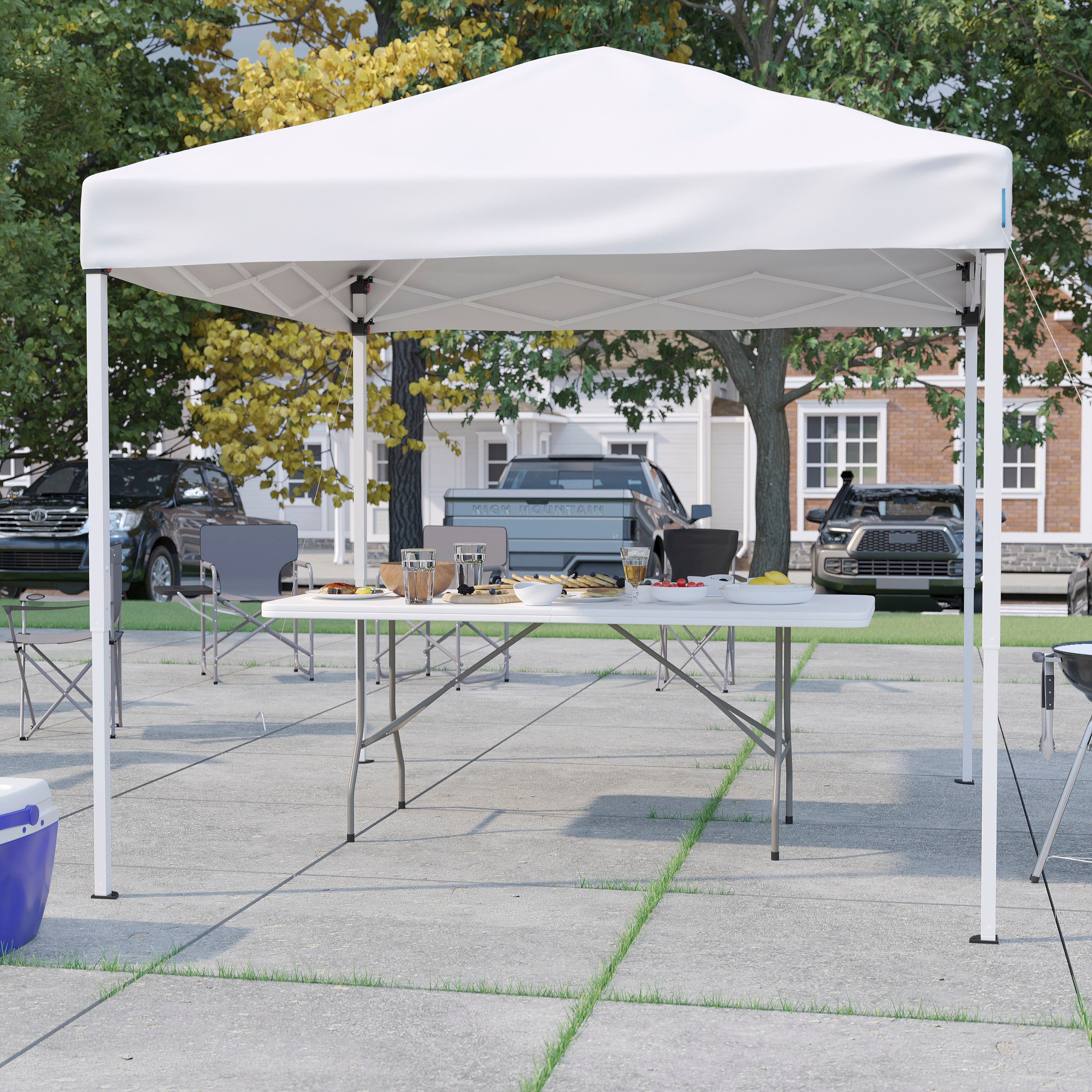 Otis 8'x8' White Pop Up Event Canopy Tent with Carry Bag and 6-Foot Bi-Fold Folding Table with Carrying Handle - Tailgate Tent Set