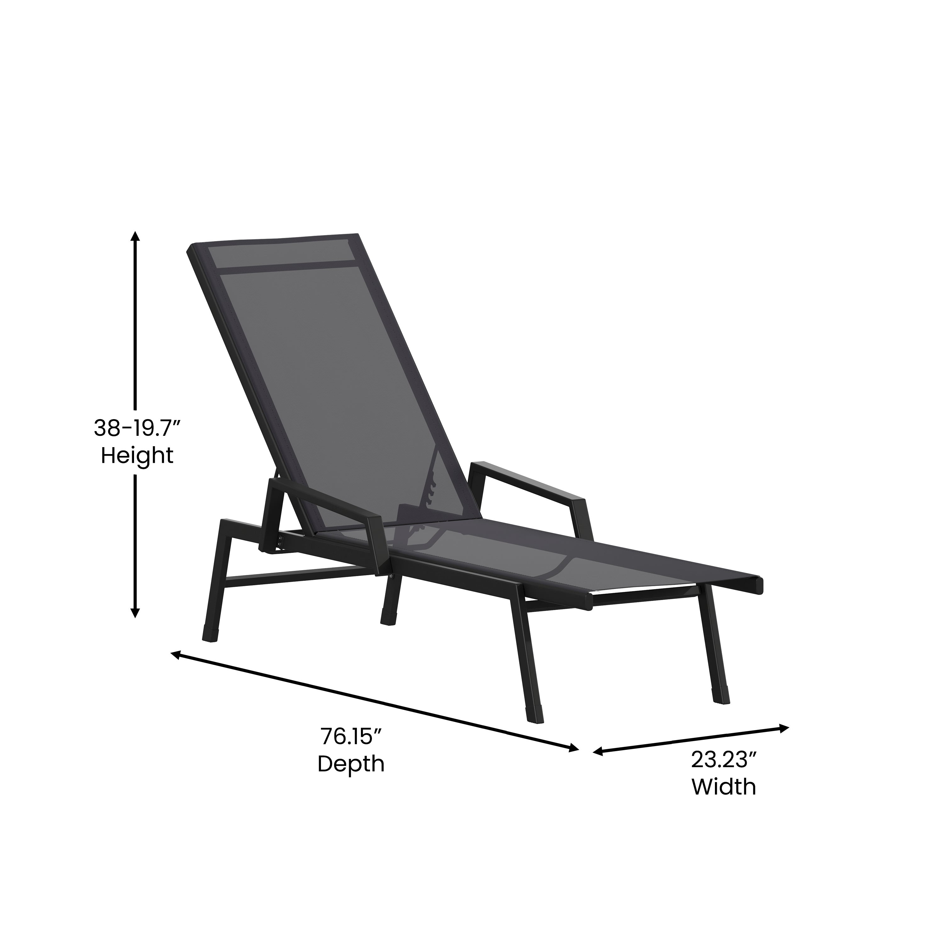 Brazos Adjustable Chaise Lounge Chair with Arms, All-Weather Outdoor Five-Position Recliner, Black/Black