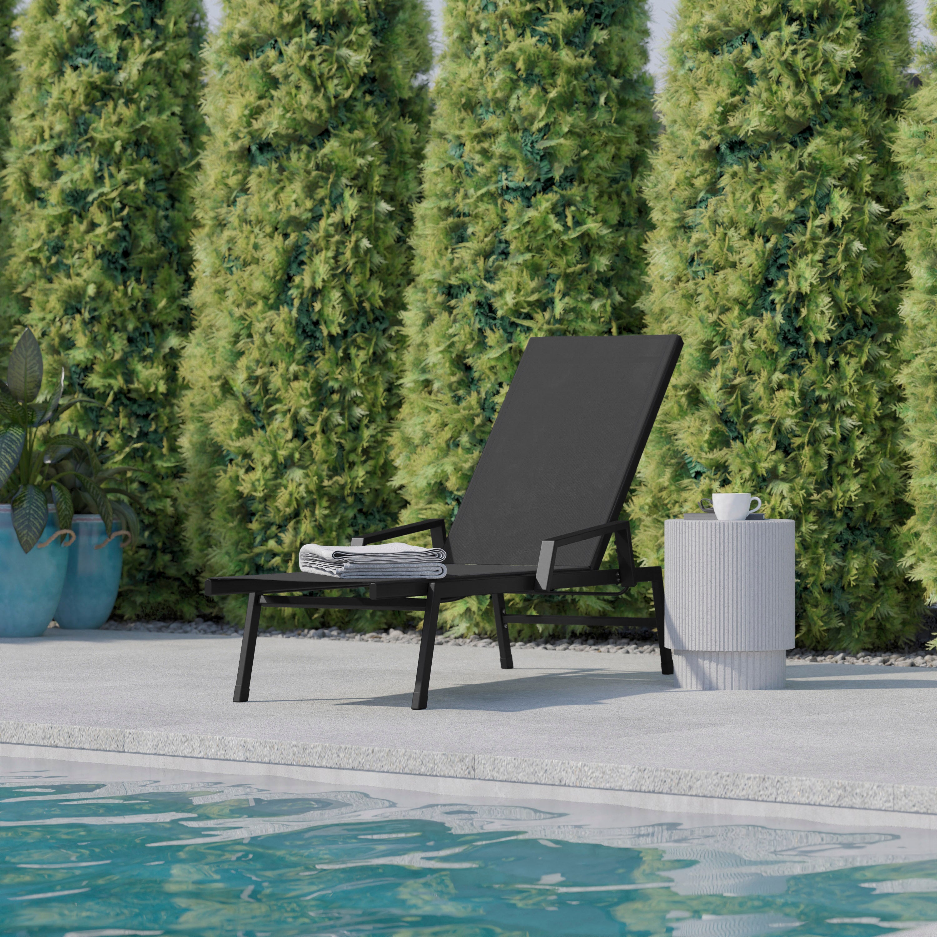 Brazos Adjustable Chaise Lounge Chair with Arms, All-Weather Outdoor Five-Position Recliner, Black/Black