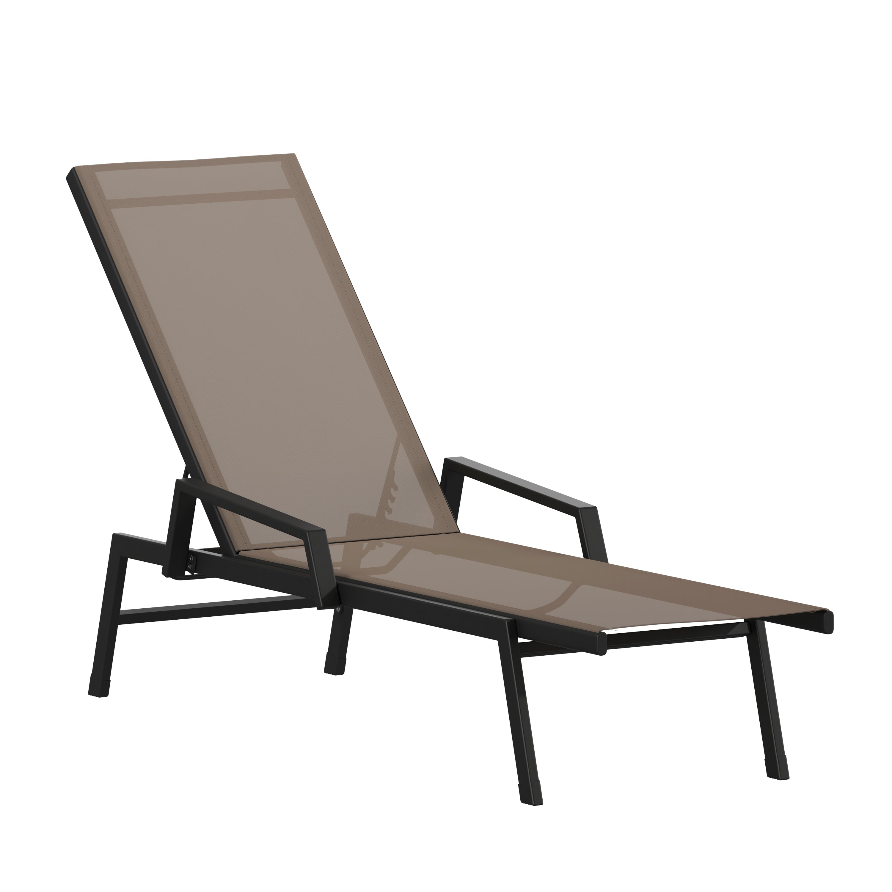 Brazos Adjustable Chaise Lounge Chair with Arms, All-Weather Outdoor Five-Position Recliner, Black/Brown