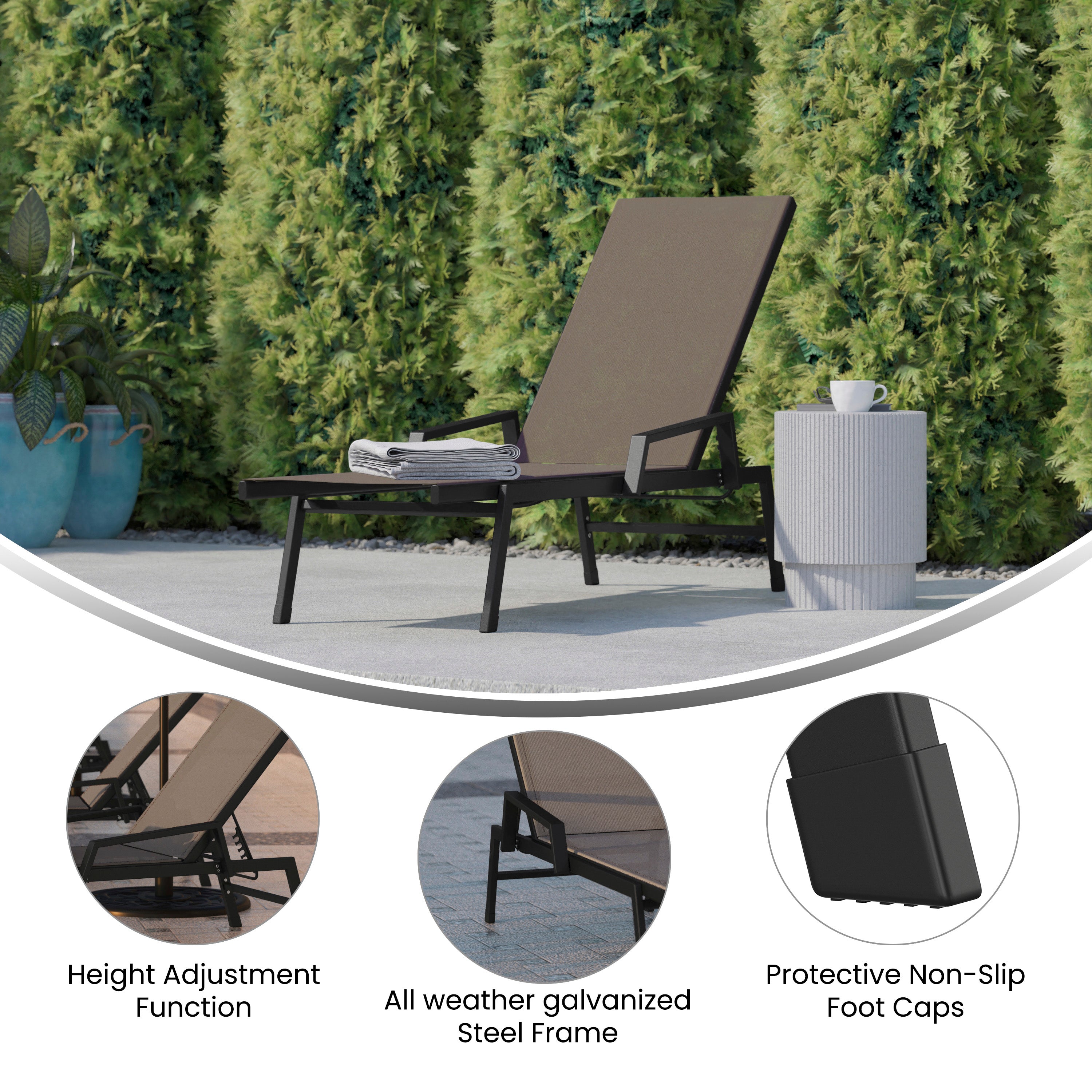 Brazos Adjustable Chaise Lounge Chair with Arms, All-Weather Outdoor Five-Position Recliner, Black/Brown