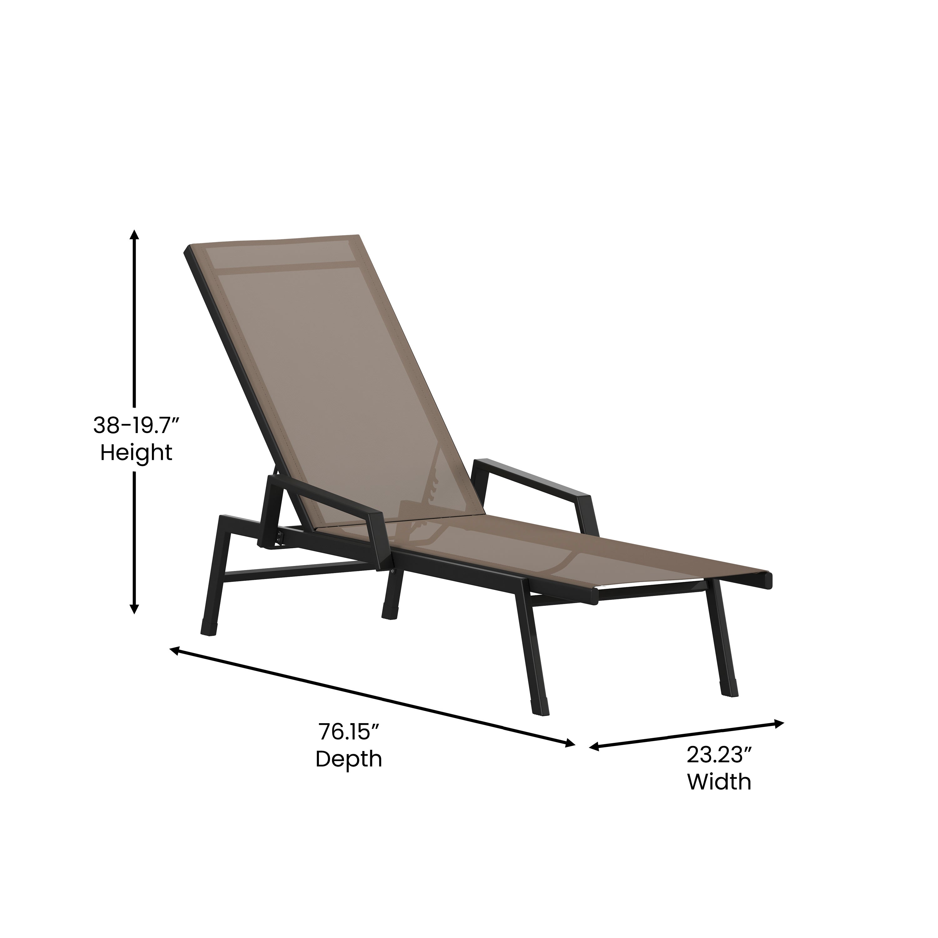 Brazos Adjustable Chaise Lounge Chair with Arms, All-Weather Outdoor Five-Position Recliner, Black/Brown