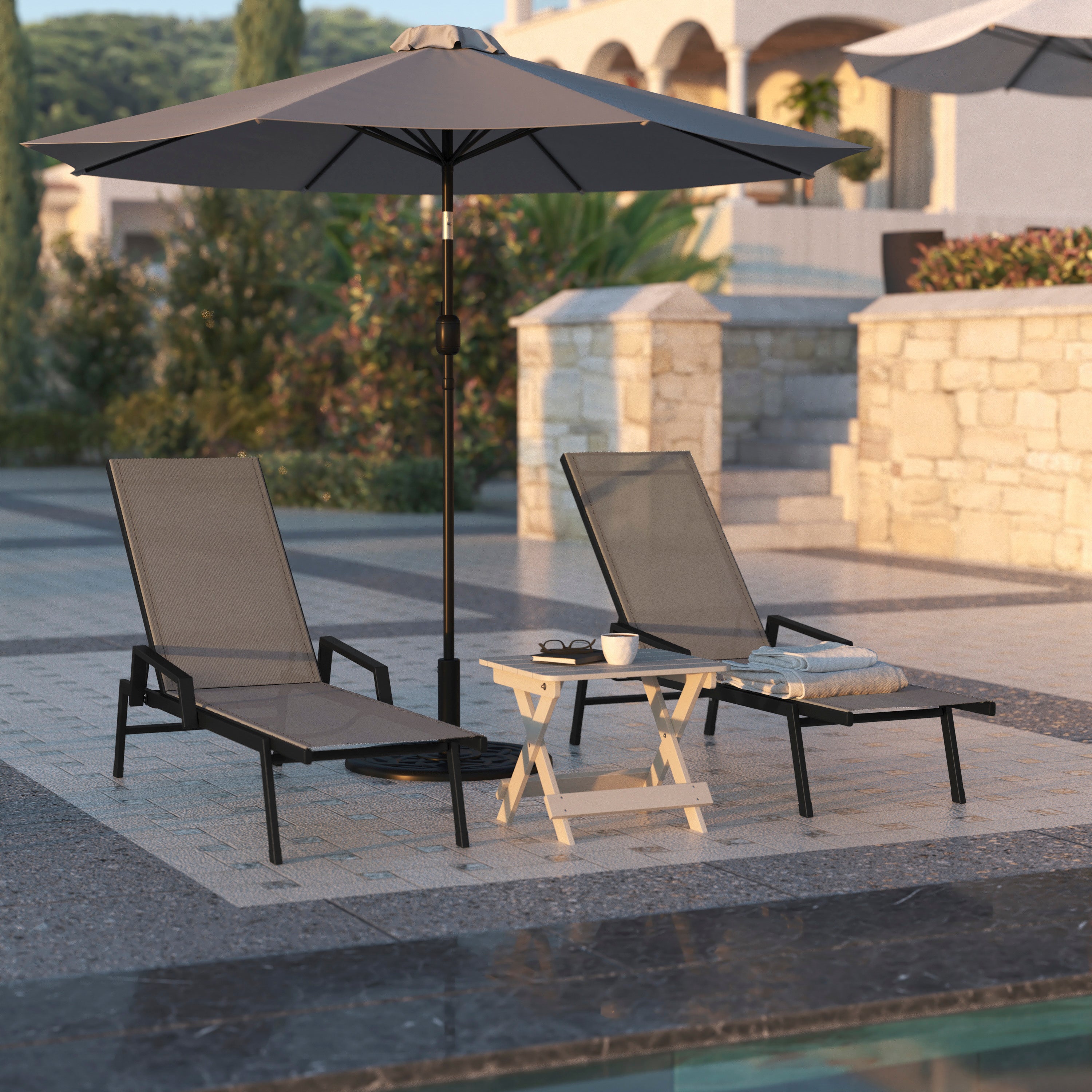Brazos Adjustable Chaise Lounge Chair with Arms, All-Weather Outdoor Five-Position Recliner, Black/Brown