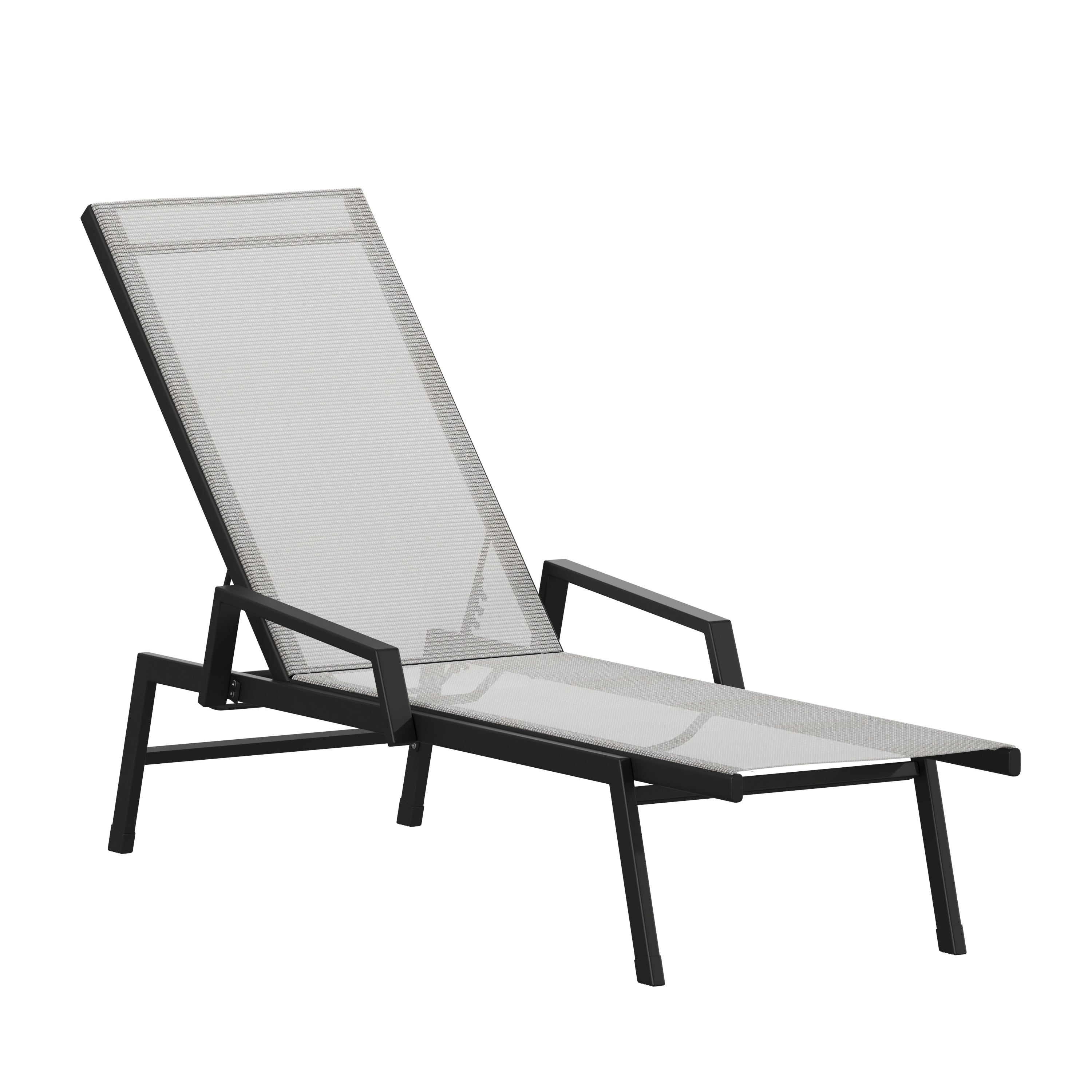 Brazos Adjustable Chaise Lounge Chair with Arms, All-Weather Outdoor Five-Position Recliner, Black/Gray