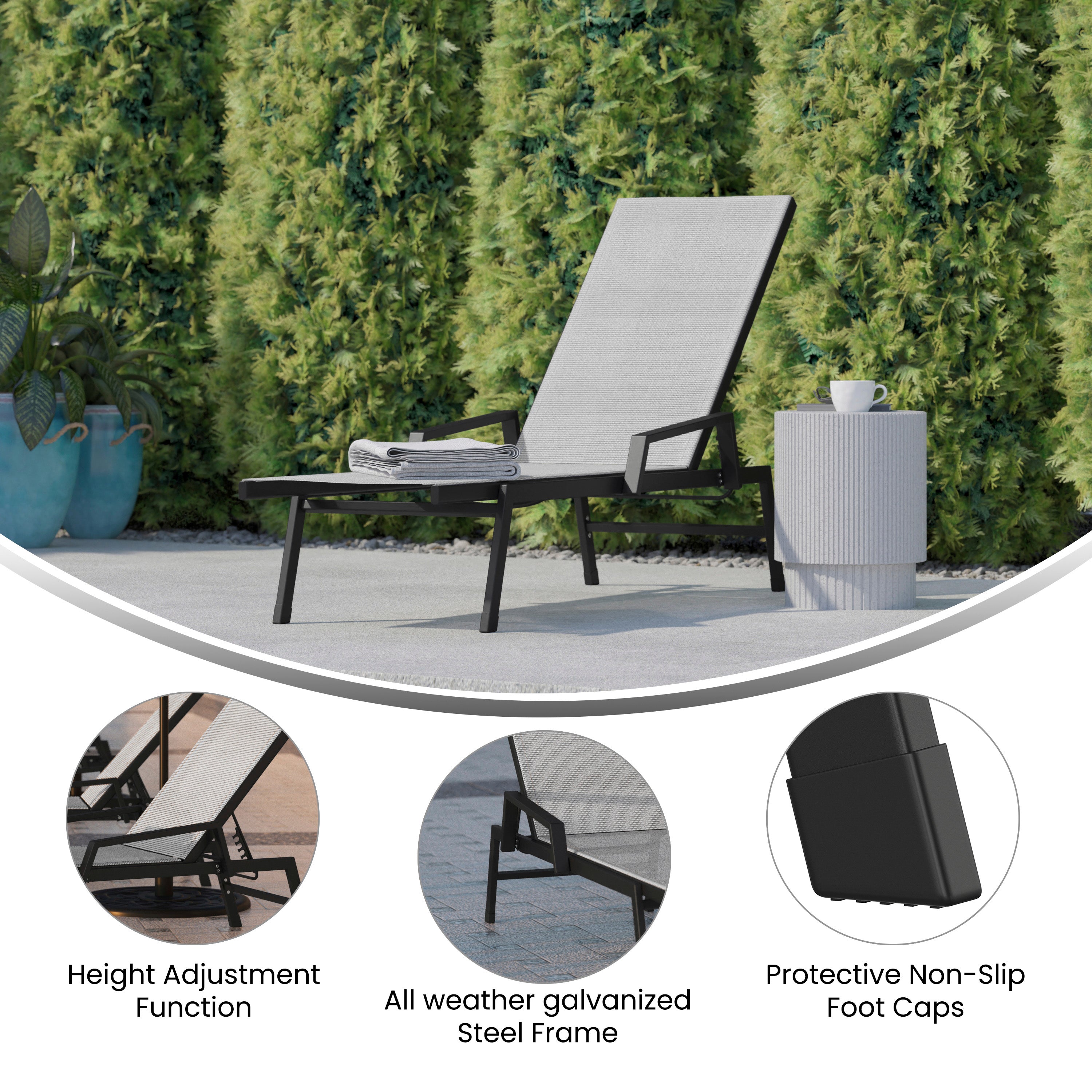 Brazos Adjustable Chaise Lounge Chair with Arms, All-Weather Outdoor Five-Position Recliner, Black/Gray
