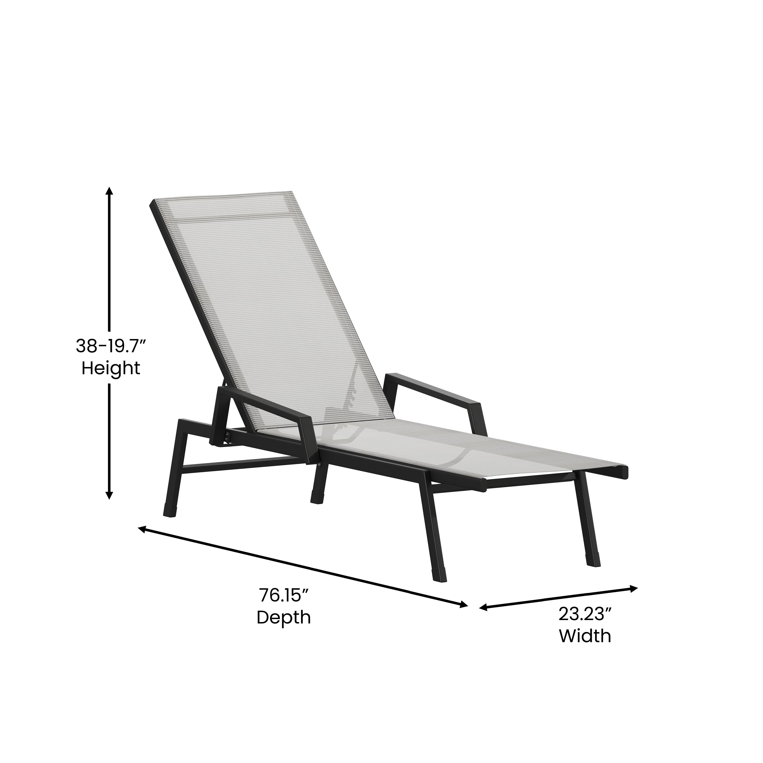Brazos Adjustable Chaise Lounge Chair with Arms, All-Weather Outdoor Five-Position Recliner, Black/Gray