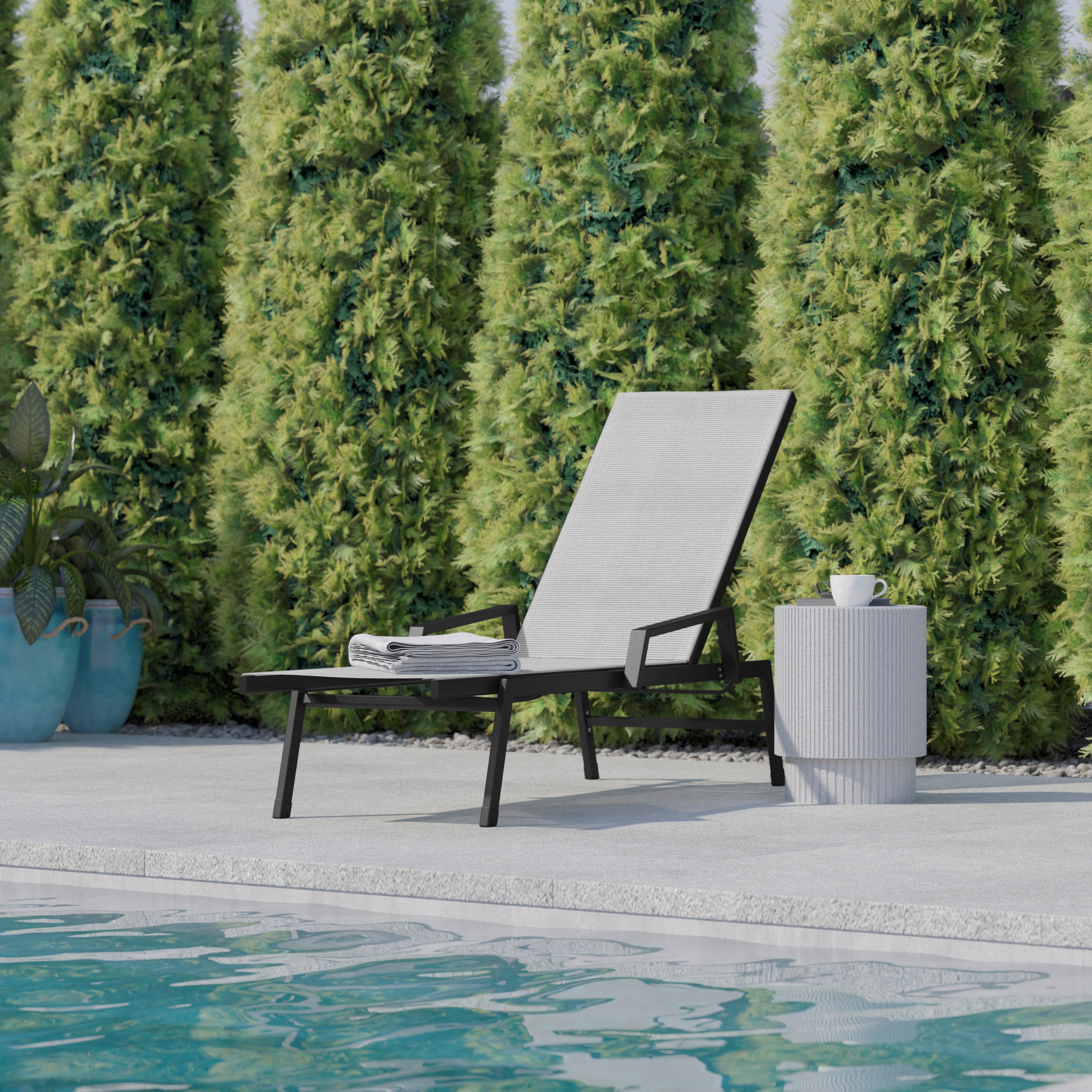 Brazos Adjustable Chaise Lounge Chair with Arms, All-Weather Outdoor Five-Position Recliner, Black/Gray
