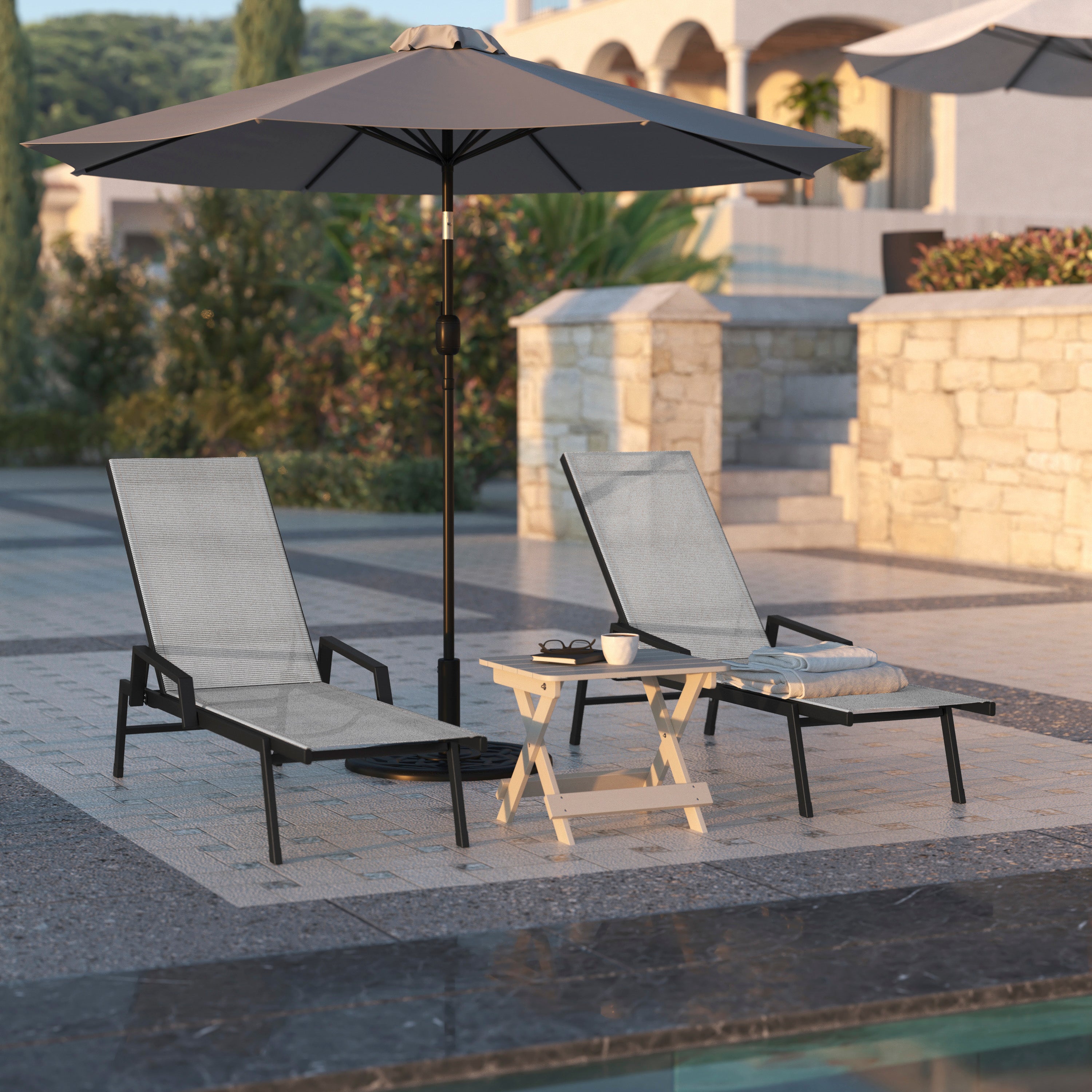 Brazos Adjustable Chaise Lounge Chair with Arms, All-Weather Outdoor Five-Position Recliner, Black/Gray