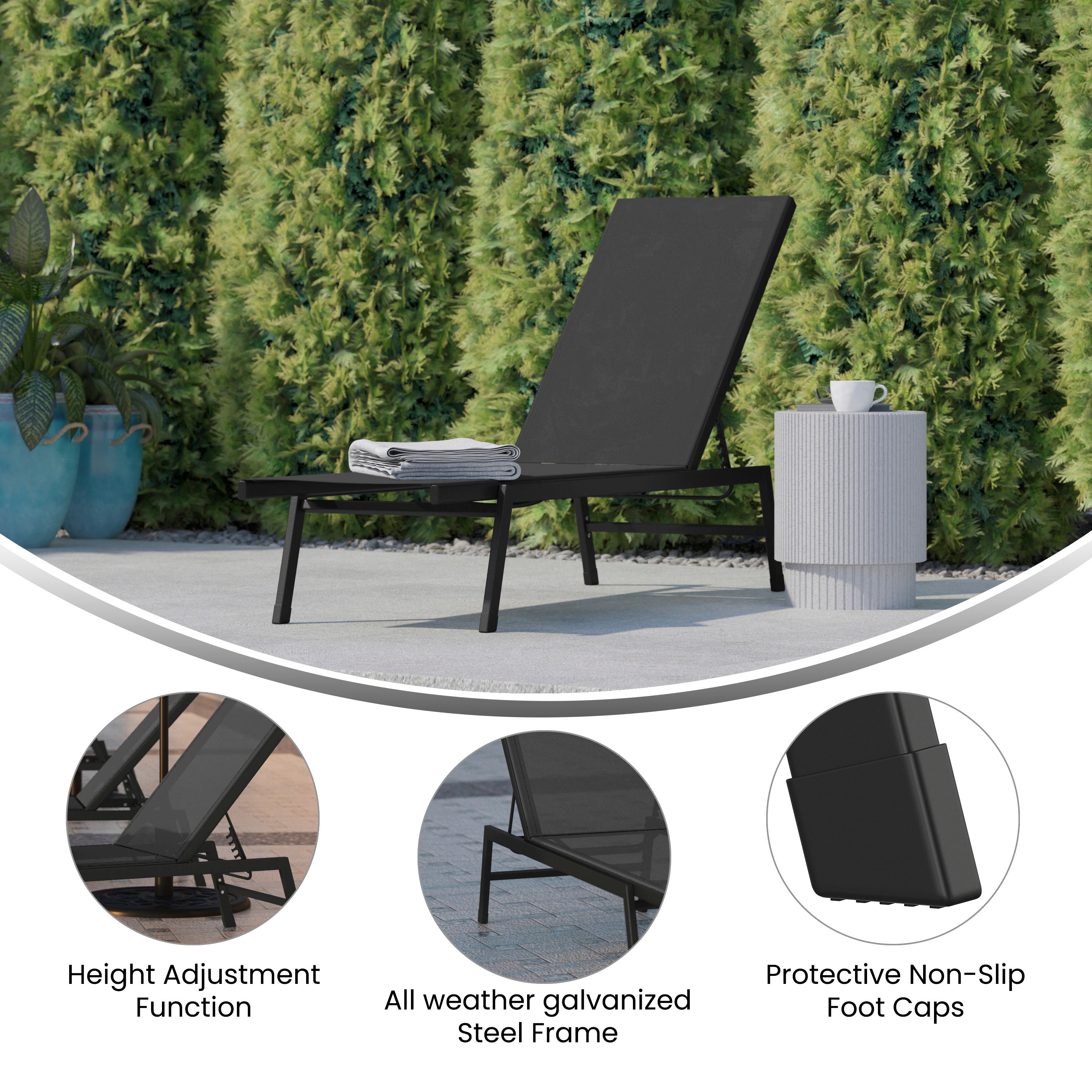Brazos Adjustable Chaise Lounge Chair, Outdoor Five-Position Recliner, All Weather, Black/Black