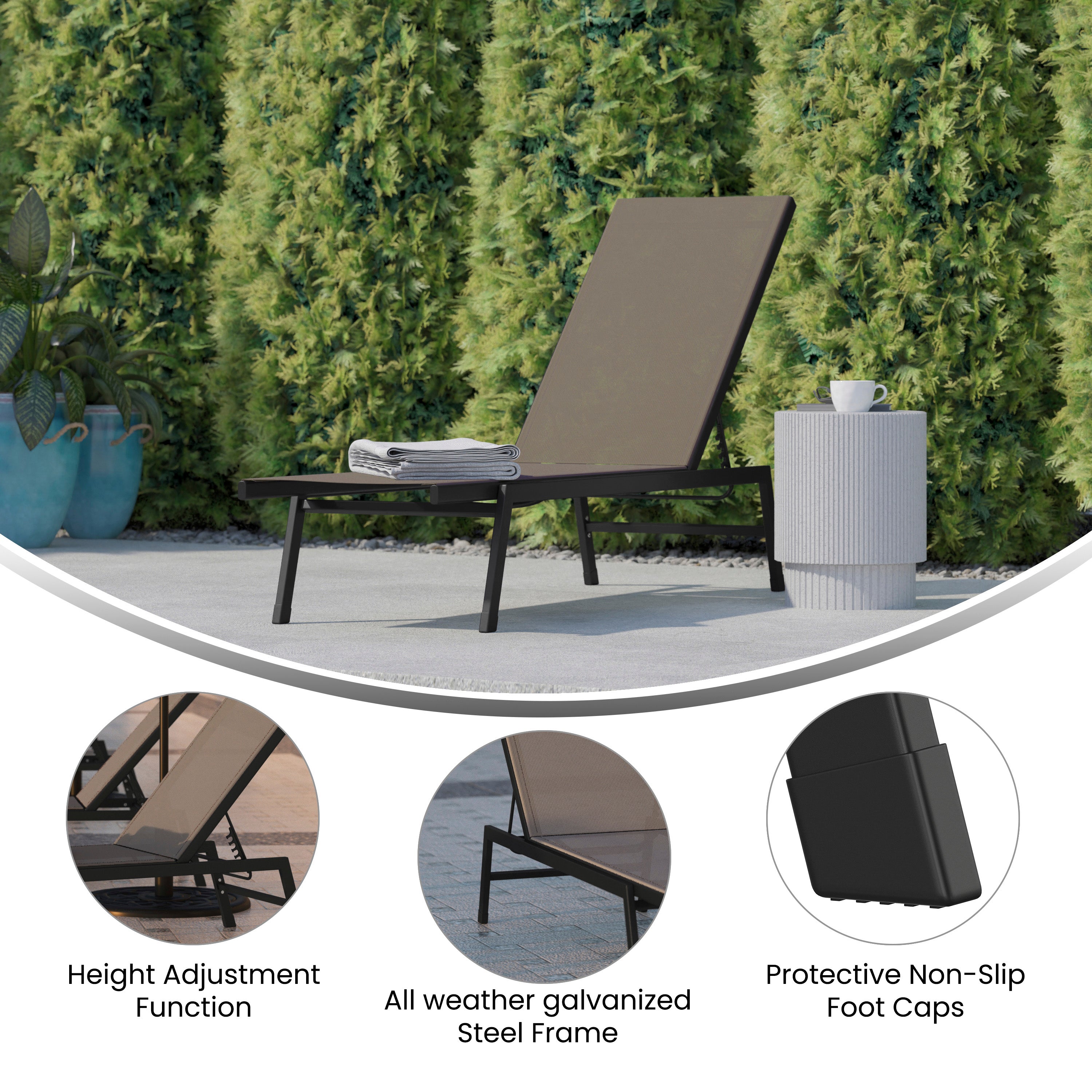 Brazos Adjustable Chaise Lounge Chair, Outdoor Five-Position Recliner, All Weather, Black/Brown