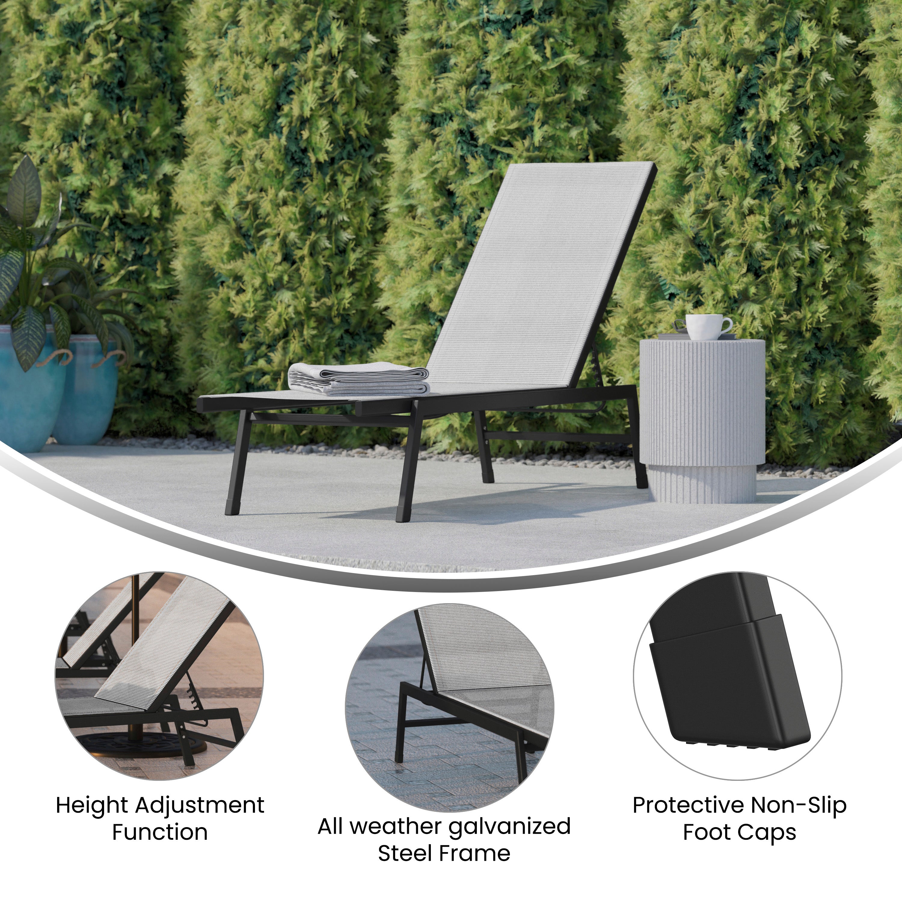 Brazos Adjustable Chaise Lounge Chair, Outdoor Five-Position Recliner, All Weather, Black/Gray