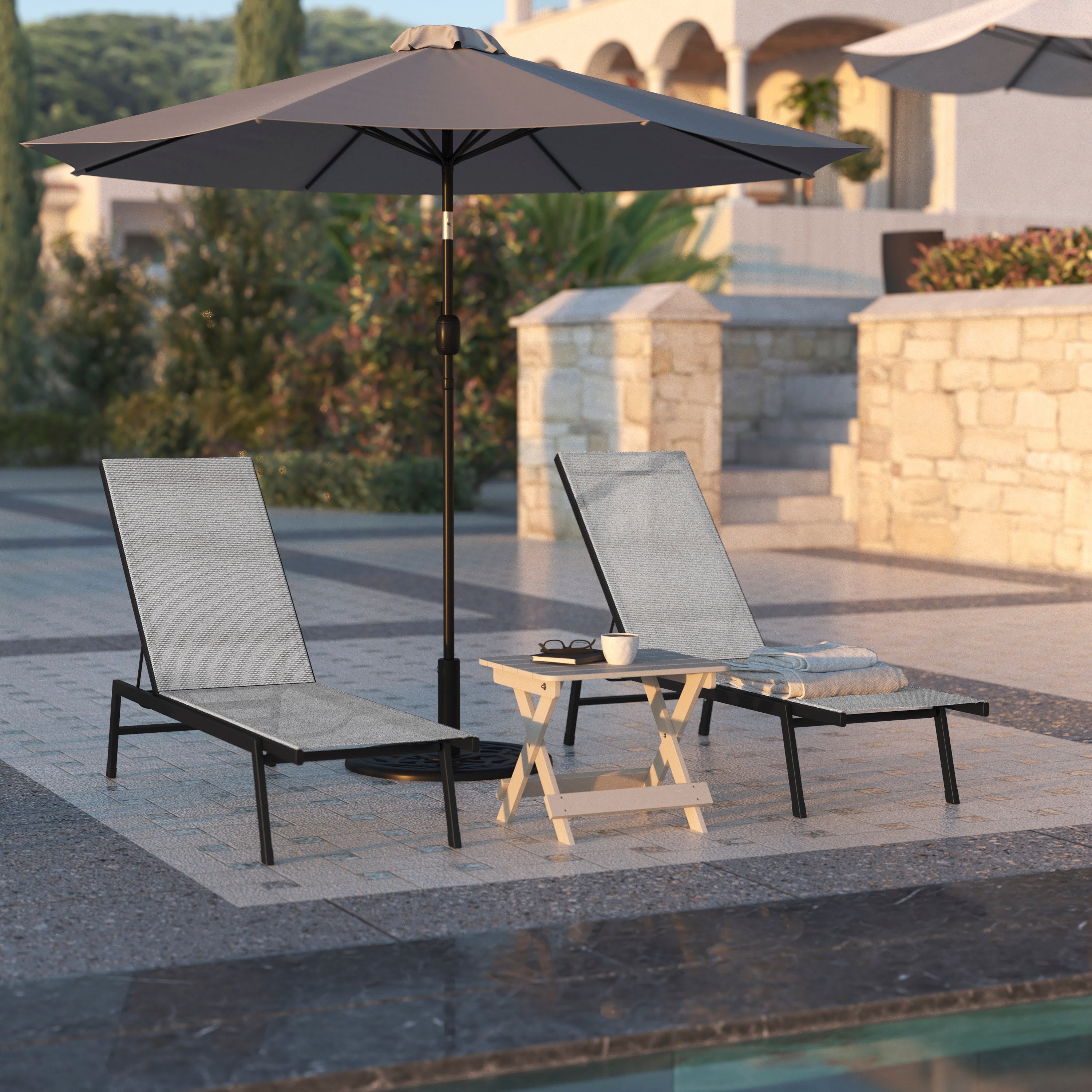 Brazos Adjustable Chaise Lounge Chair, Outdoor Five-Position Recliner, All Weather, Black/Gray