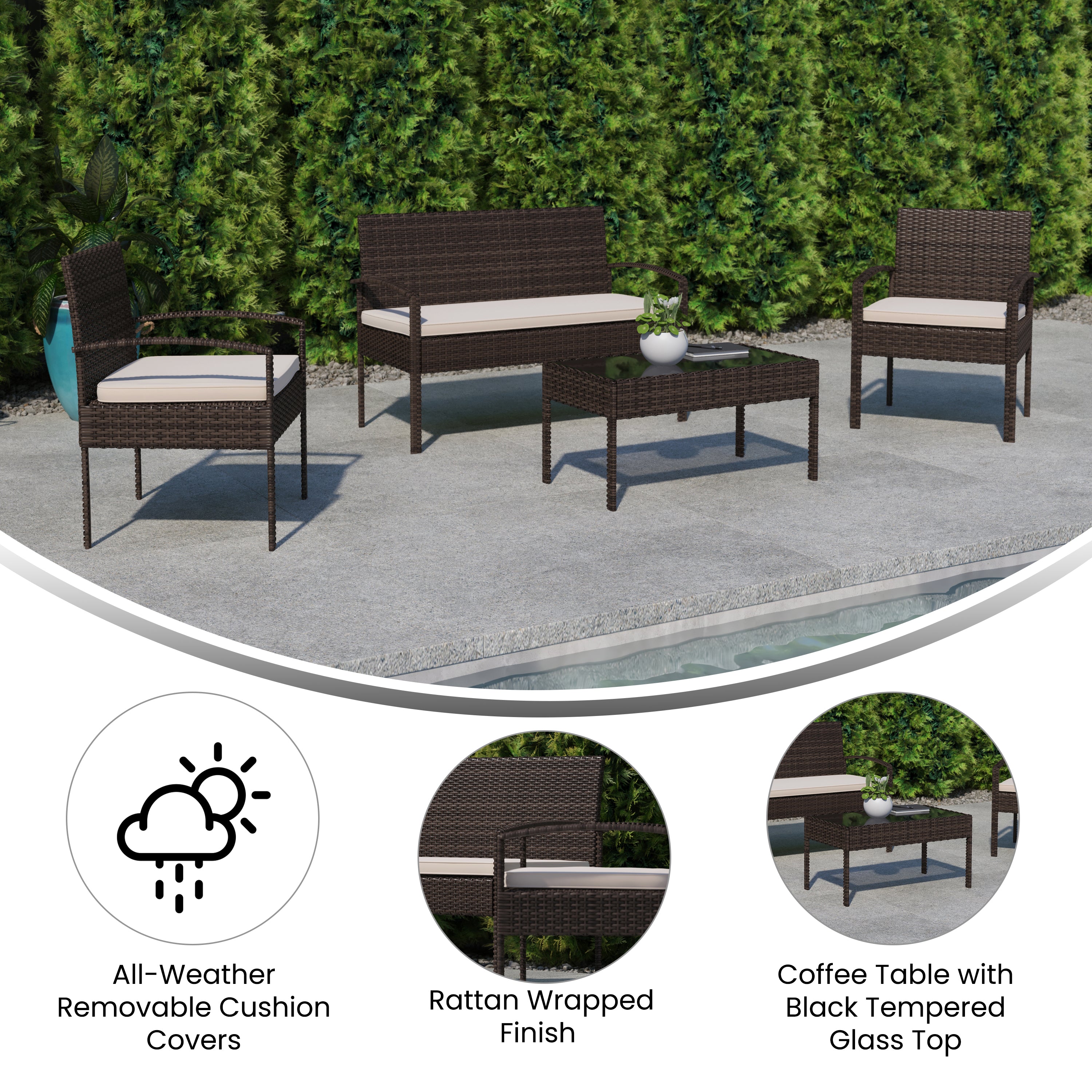 Aransas Series 4 Piece Brown Patio Set with Steel Frame and Beige Cushions