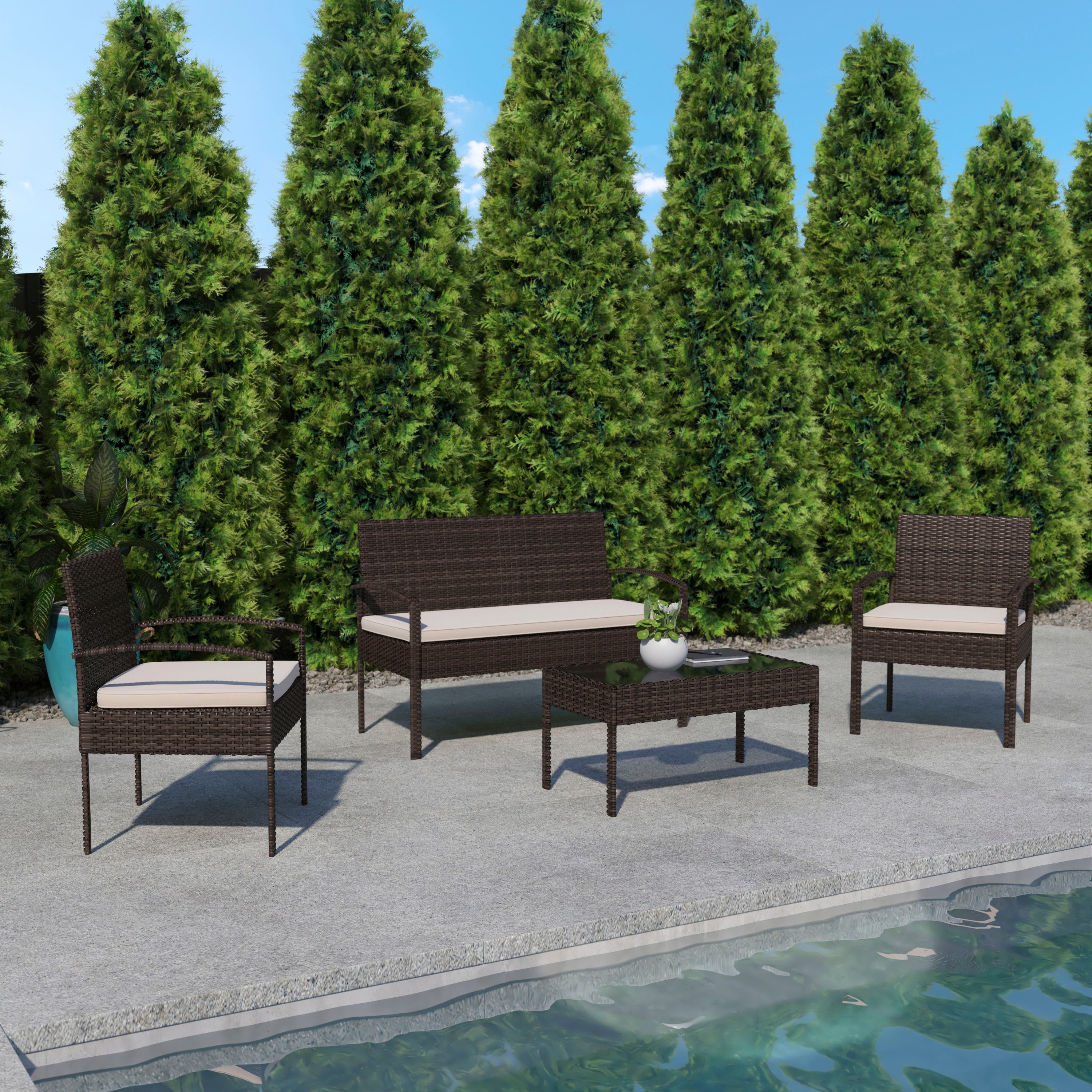 Aransas Series 4 Piece Brown Patio Set with Steel Frame and Beige Cushions