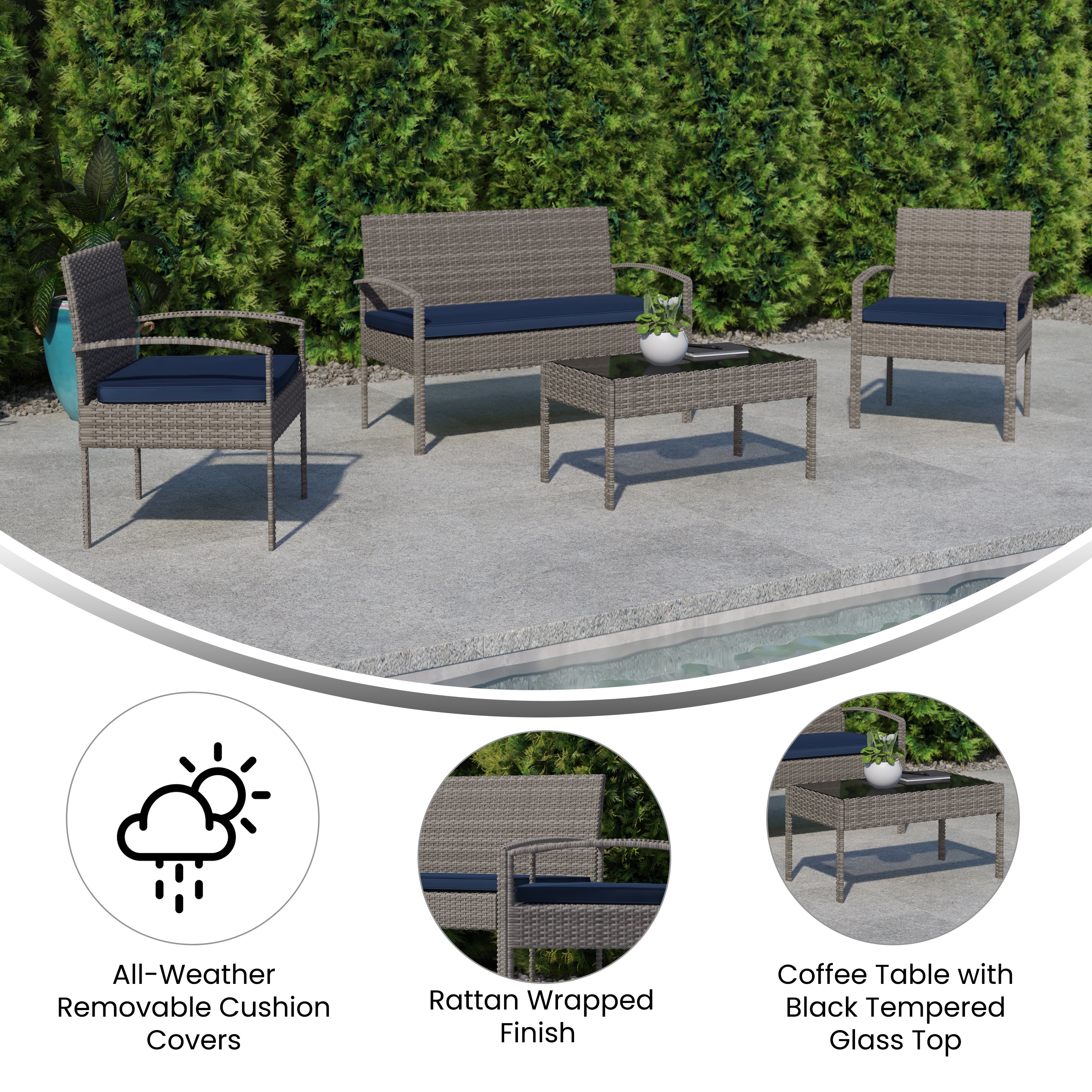 Aransas Series 4 Piece Gray Patio Set with Steel Frame and Navy Cushions