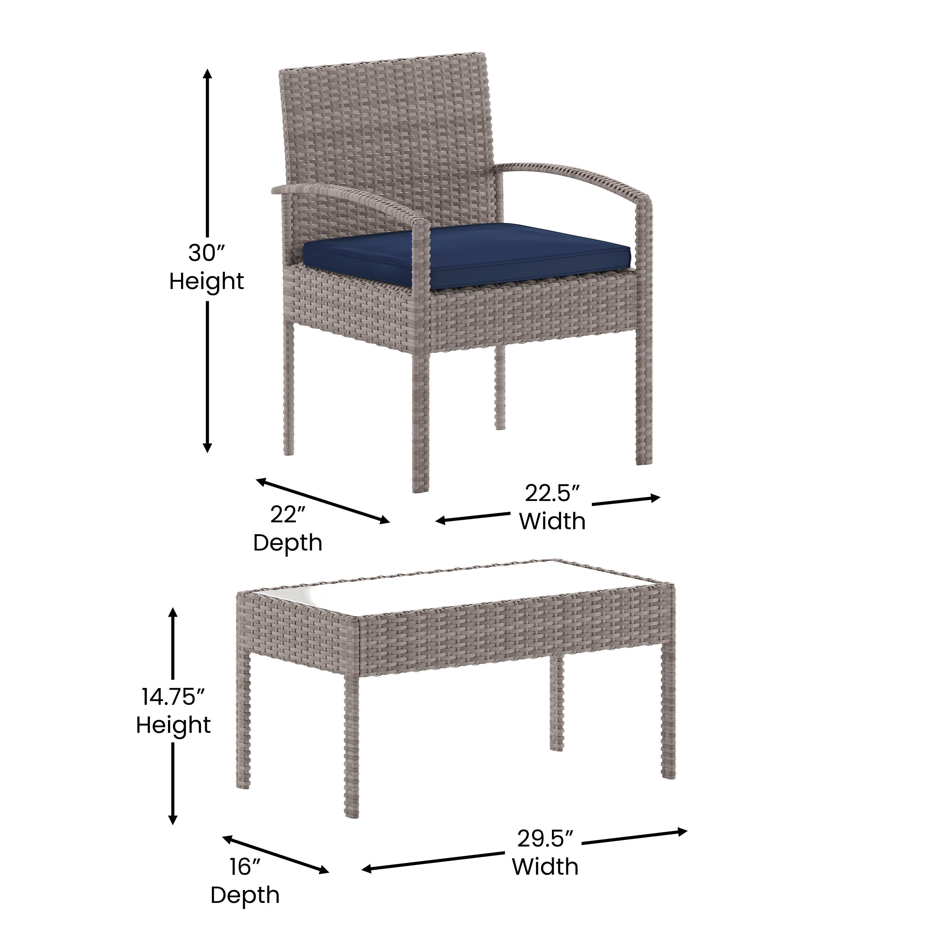 Aransas Series 4 Piece Gray Patio Set with Steel Frame and Navy Cushions