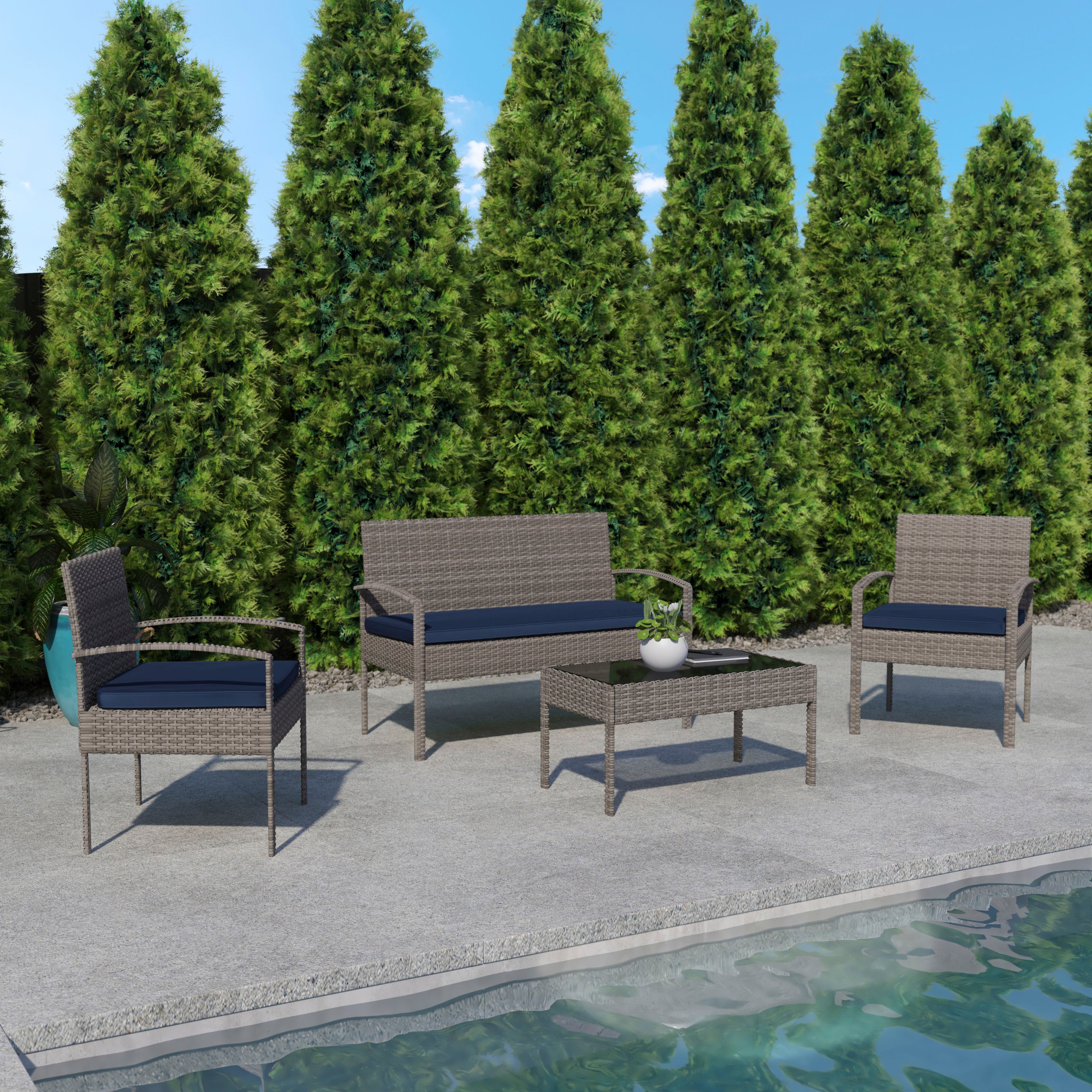 Aransas Series 4 Piece Gray Patio Set with Steel Frame and Navy Cushions
