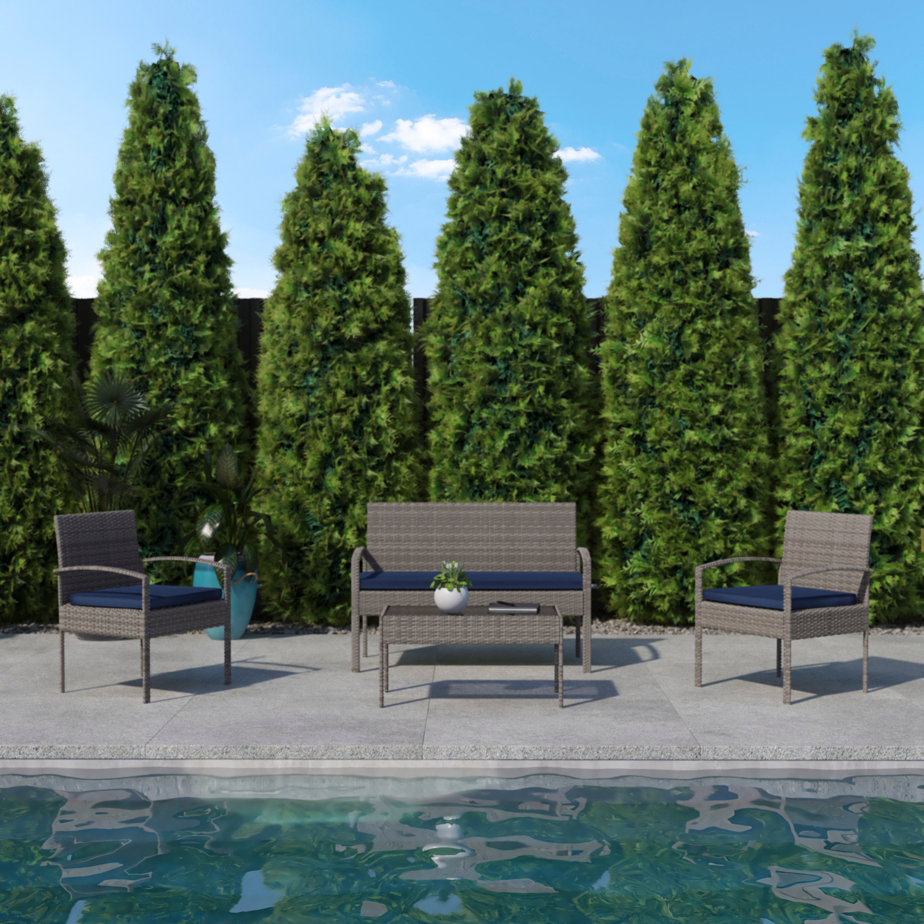 Aransas Series 4 Piece Gray Patio Set with Steel Frame and Navy Cushions