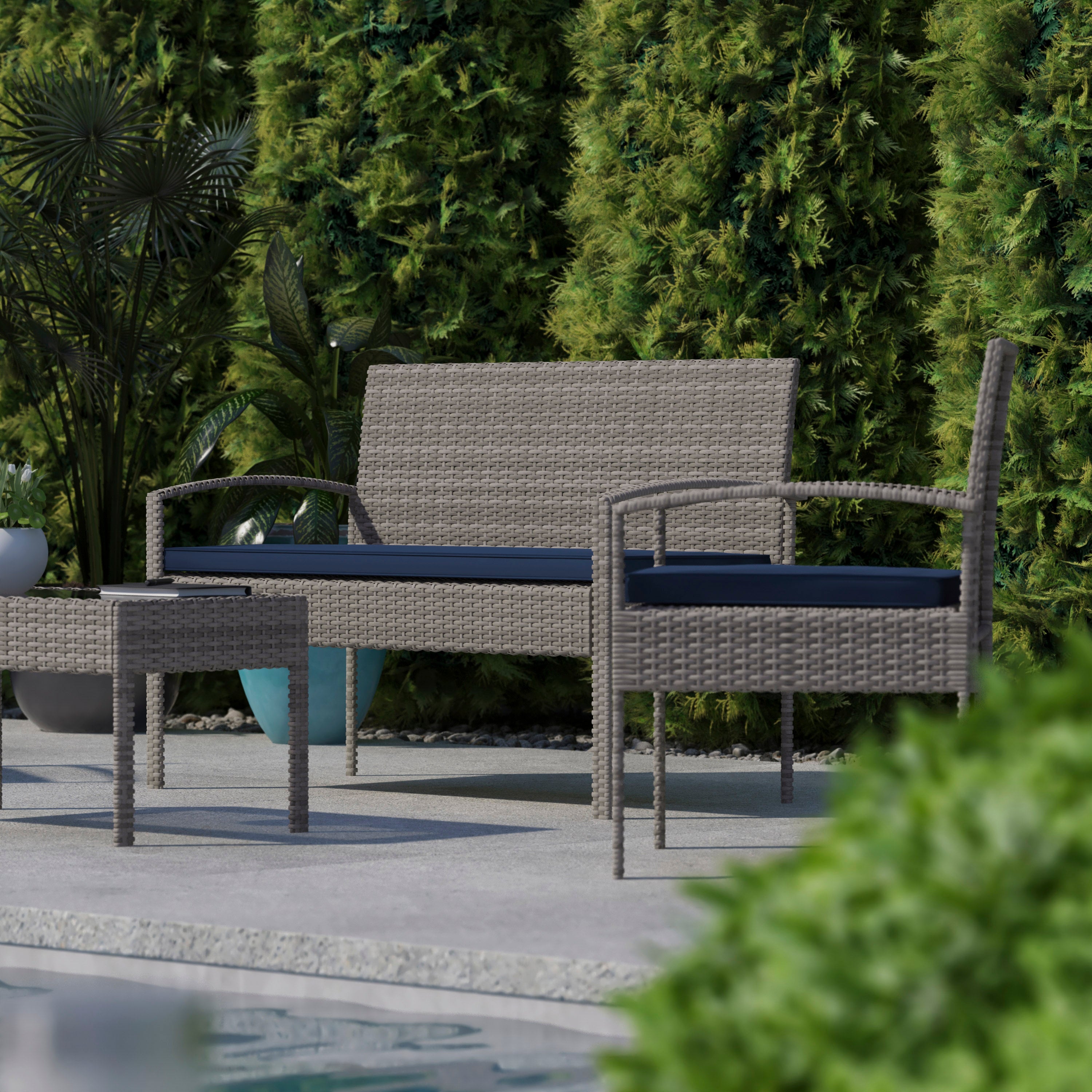 Aransas Series 4 Piece Gray Patio Set with Steel Frame and Navy Cushions