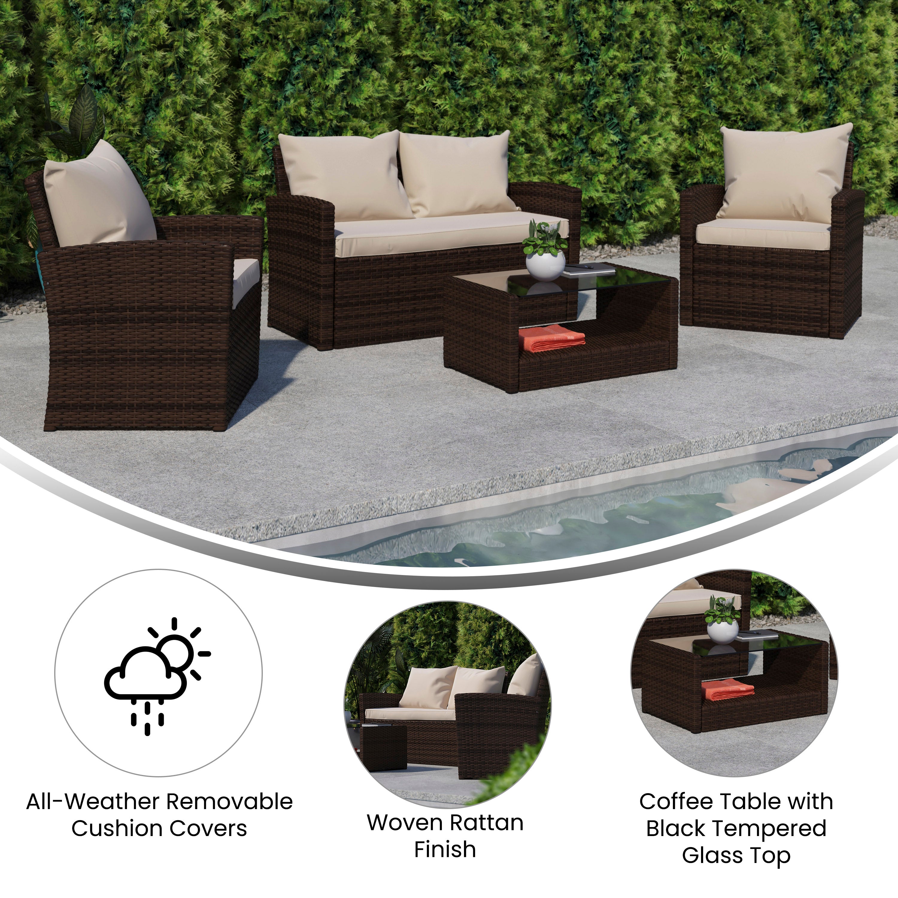 Aransas Series 4 Piece Brown Patio Set with Beige Back Pillows and Seat Cushions