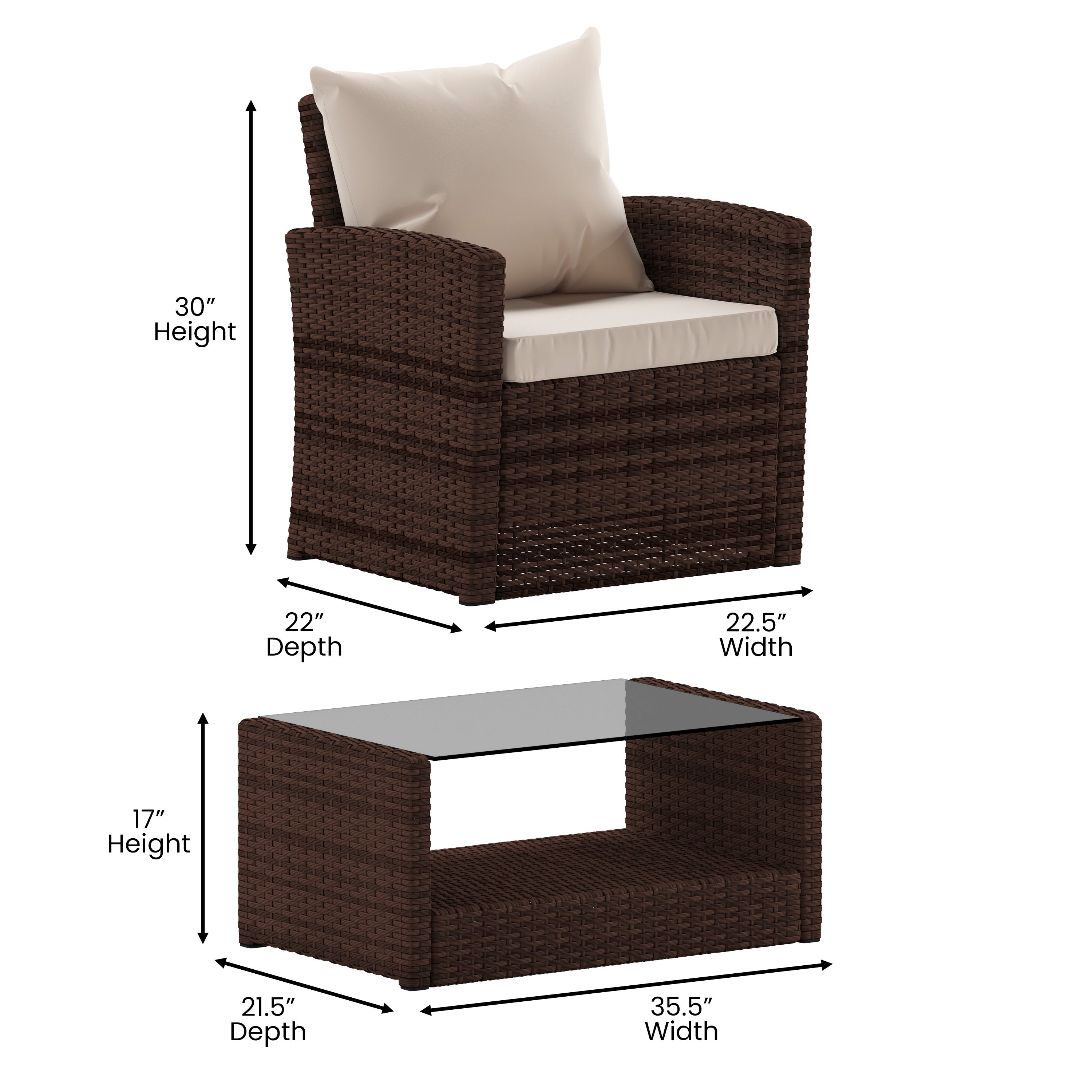 Aransas Series 4 Piece Brown Patio Set with Beige Back Pillows and Seat Cushions