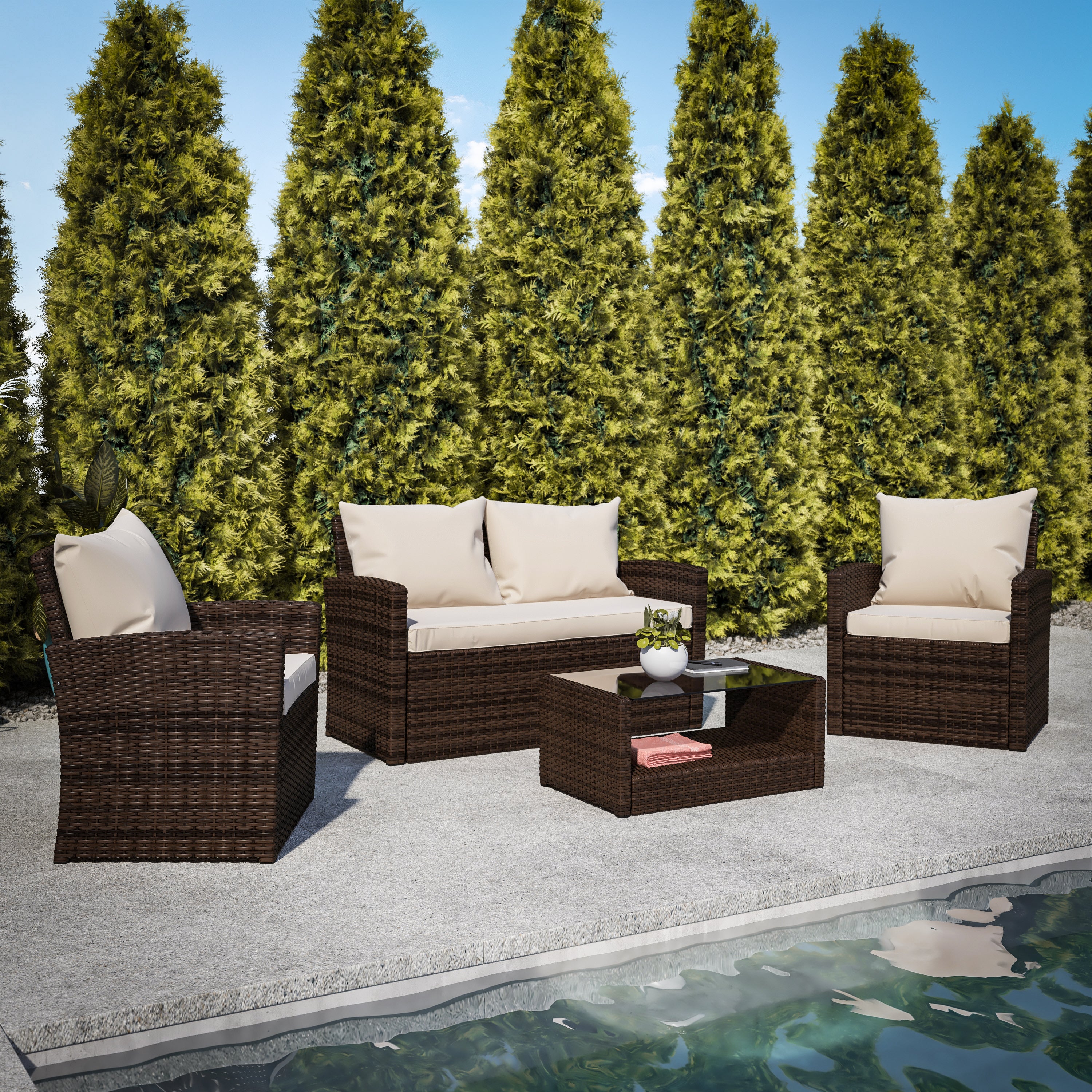 Aransas Series 4 Piece Brown Patio Set with Beige Back Pillows and Seat Cushions