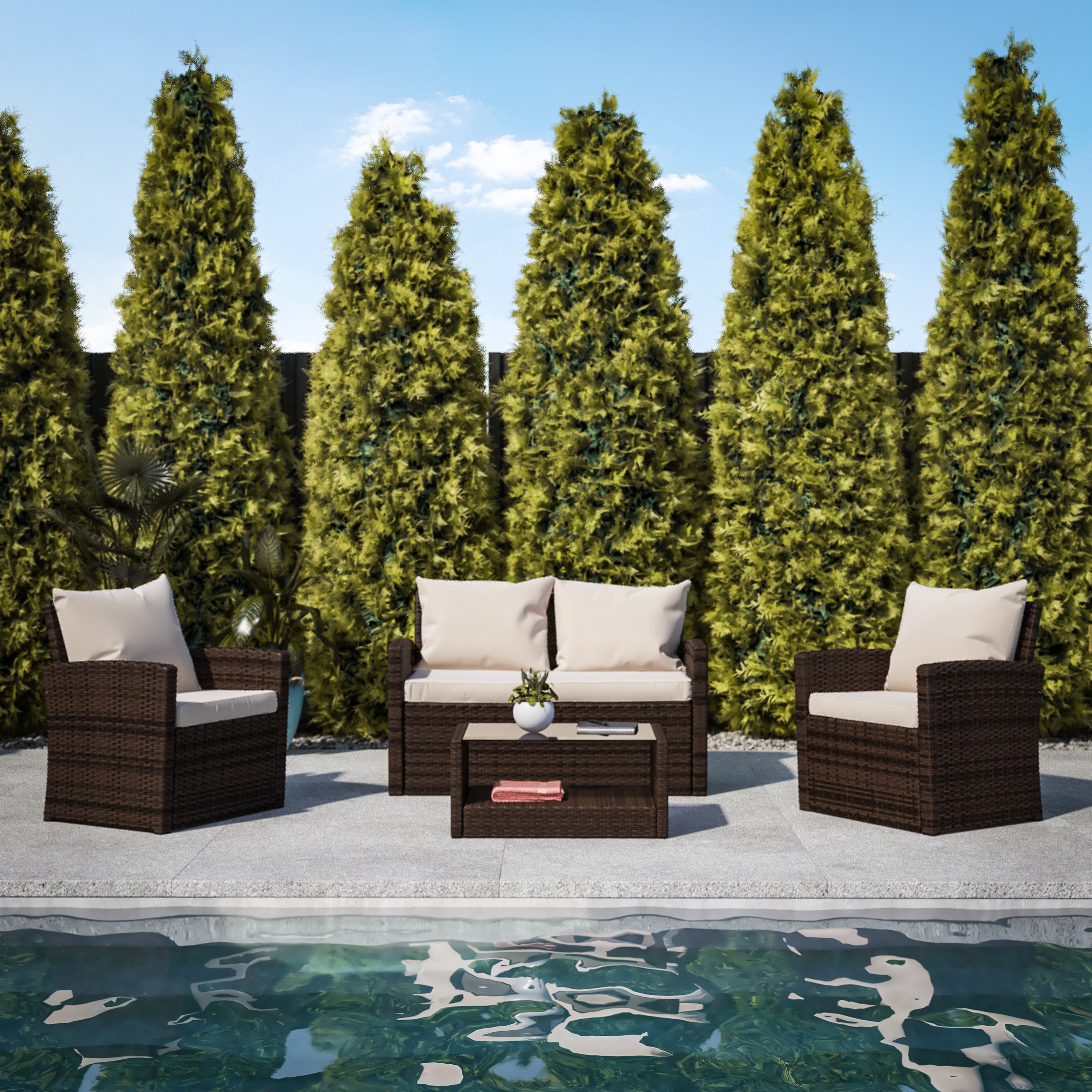 Aransas Series 4 Piece Brown Patio Set with Beige Back Pillows and Seat Cushions