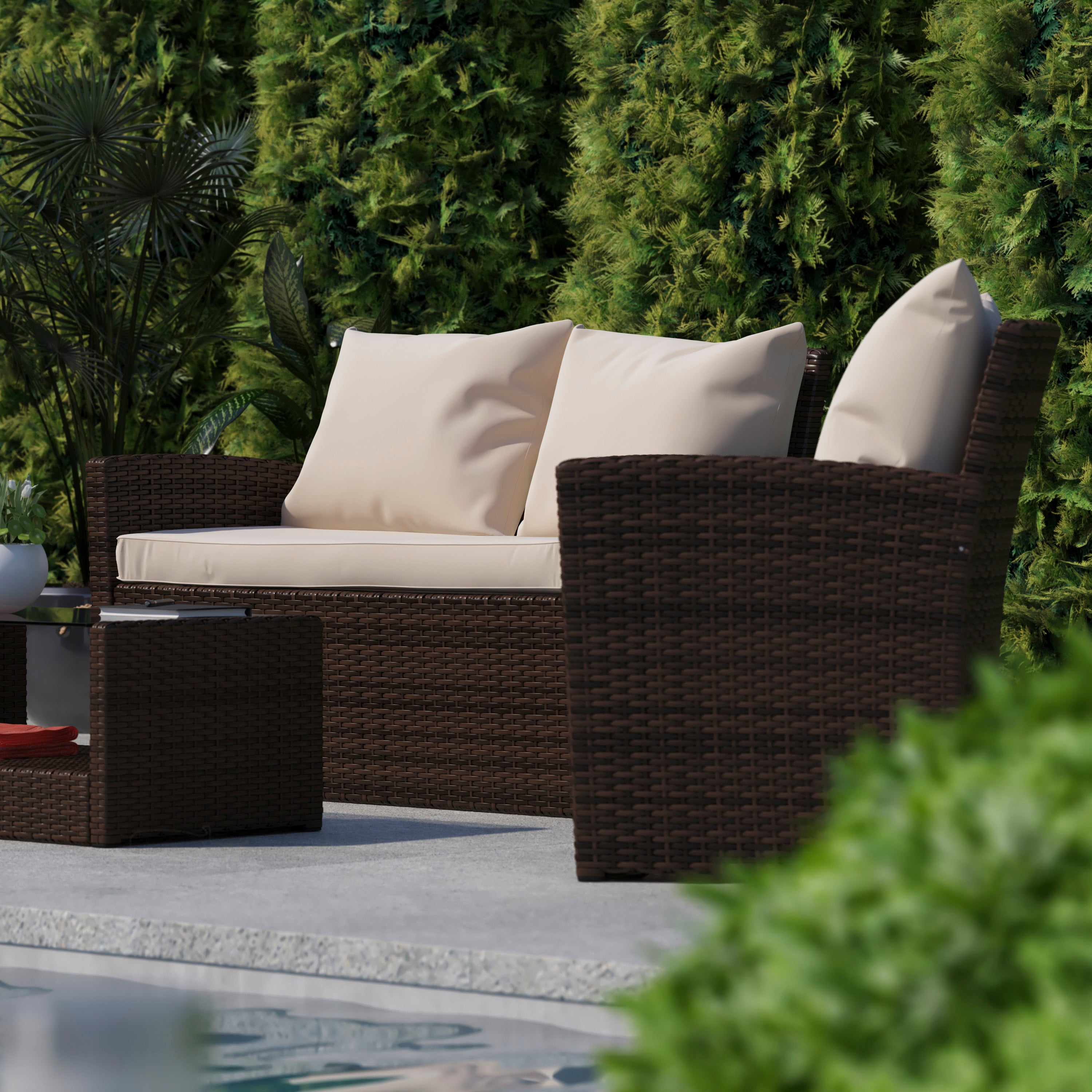 Aransas Series 4 Piece Brown Patio Set with Beige Back Pillows and Seat Cushions