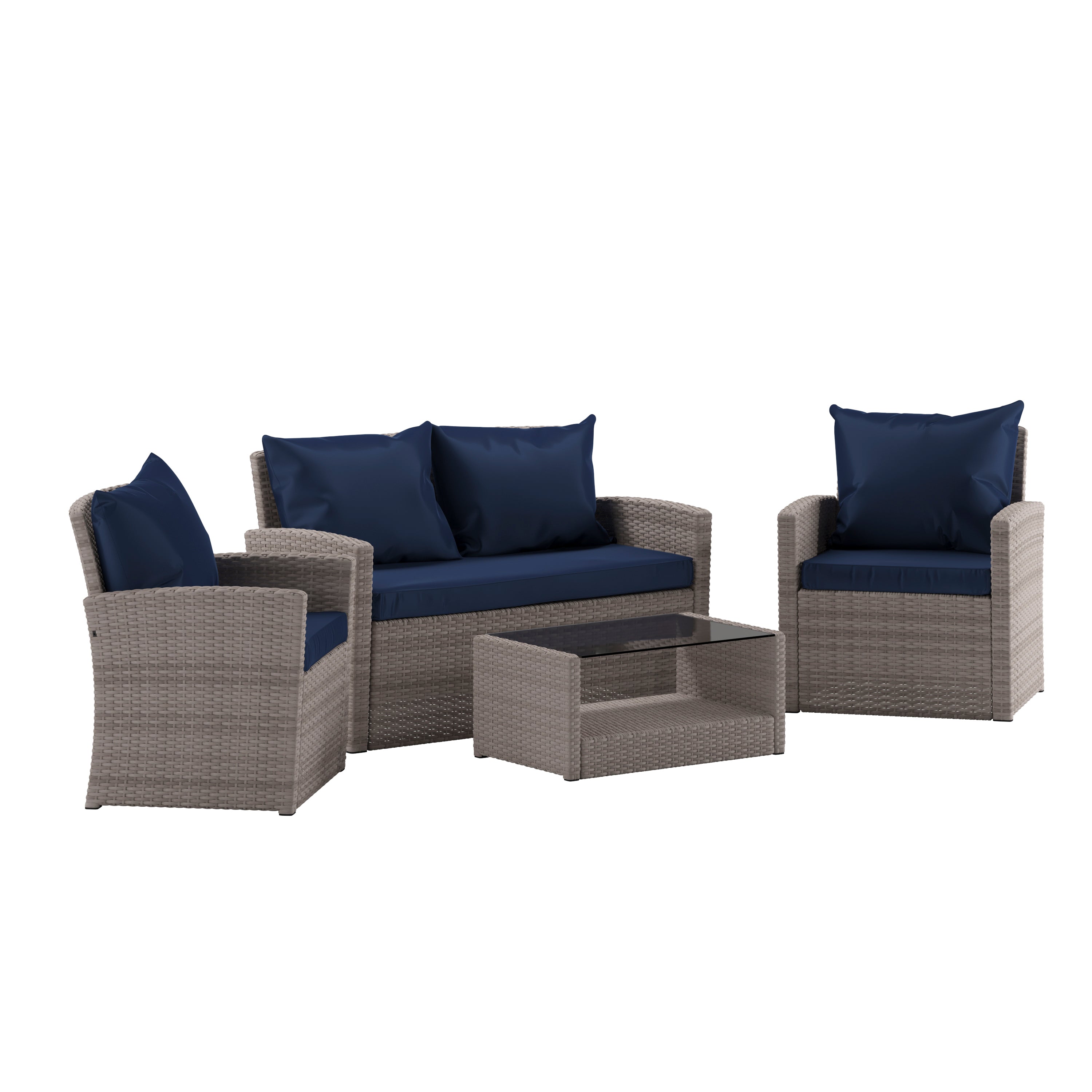 Aransas Series 4 Piece Light Gray Patio Set with Navy Back Pillows and Seat Cushions