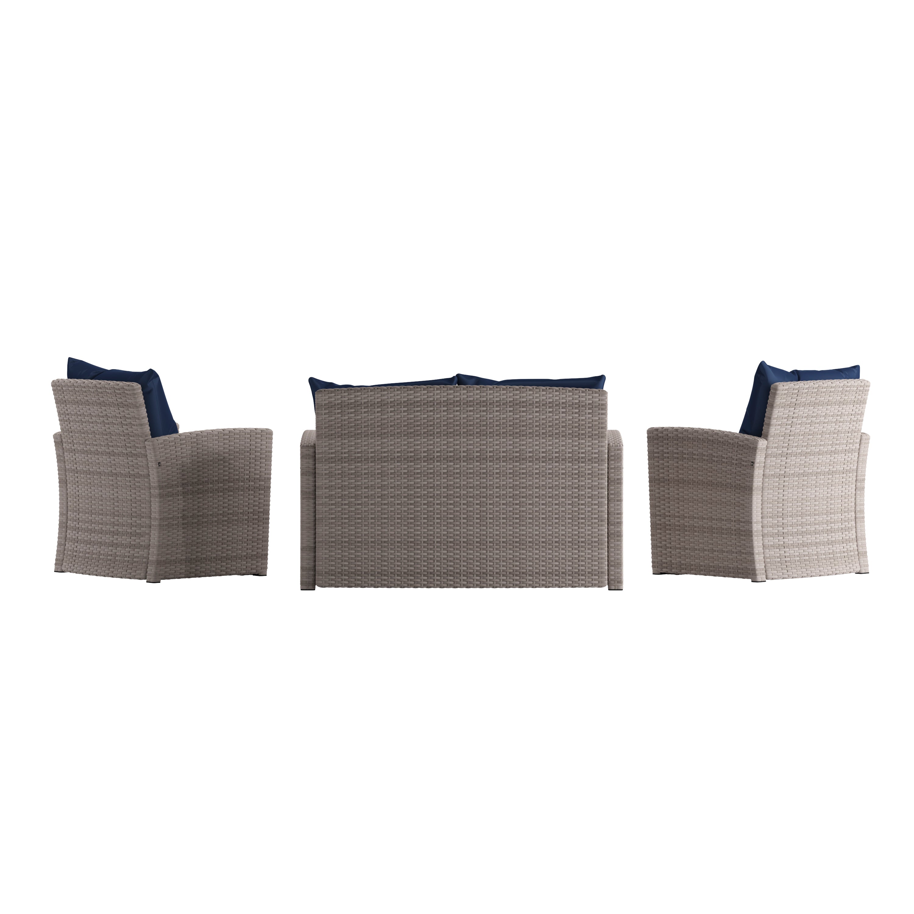 Aransas Series 4 Piece Light Gray Patio Set with Navy Back Pillows and Seat Cushions