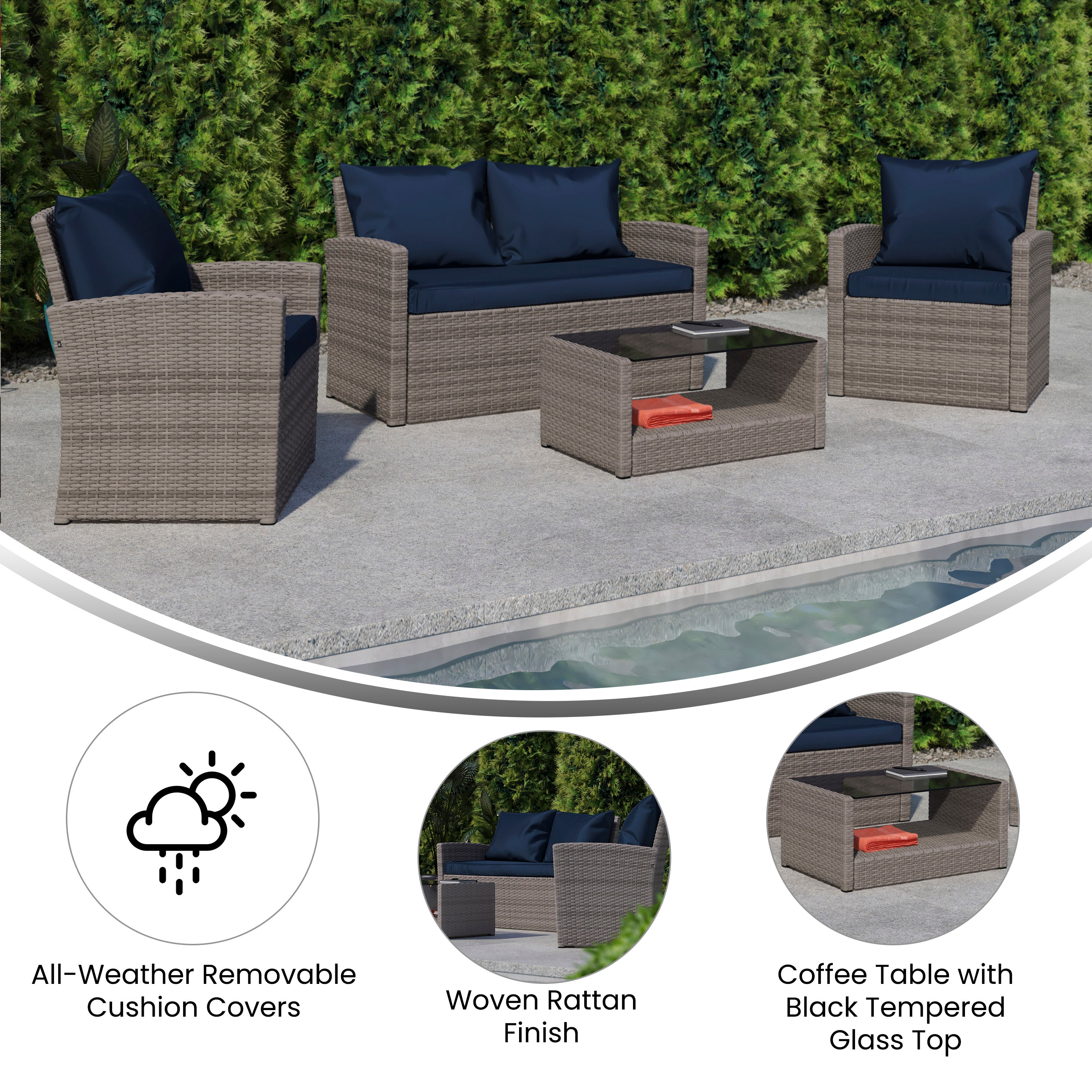 Aransas Series 4 Piece Light Gray Patio Set with Navy Back Pillows and Seat Cushions