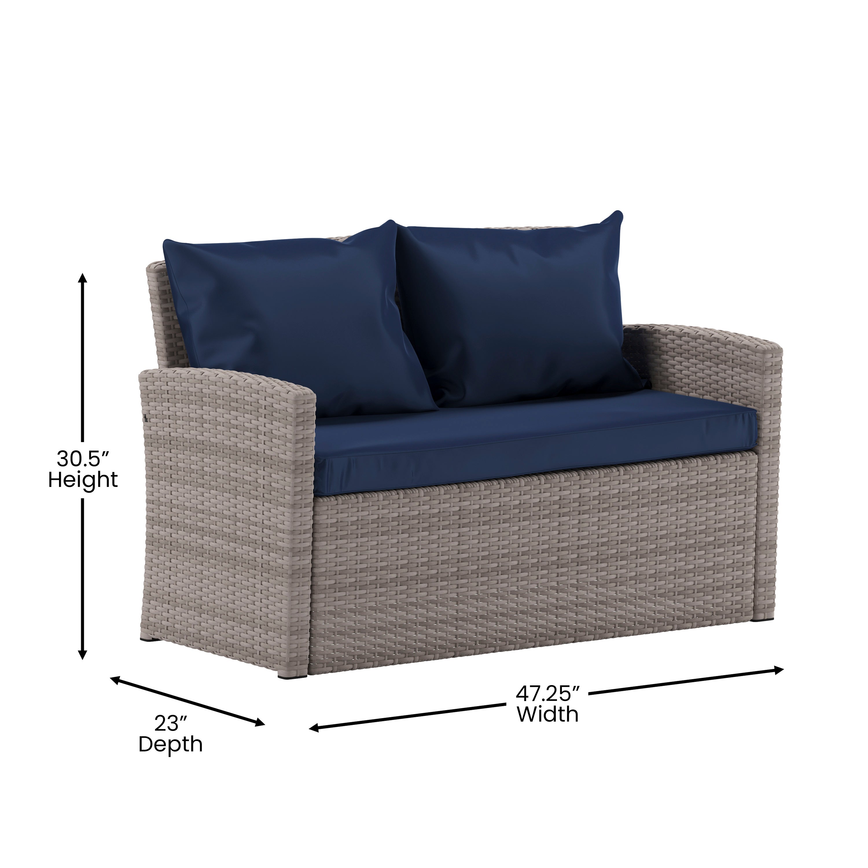 Aransas Series 4 Piece Light Gray Patio Set with Navy Back Pillows and Seat Cushions
