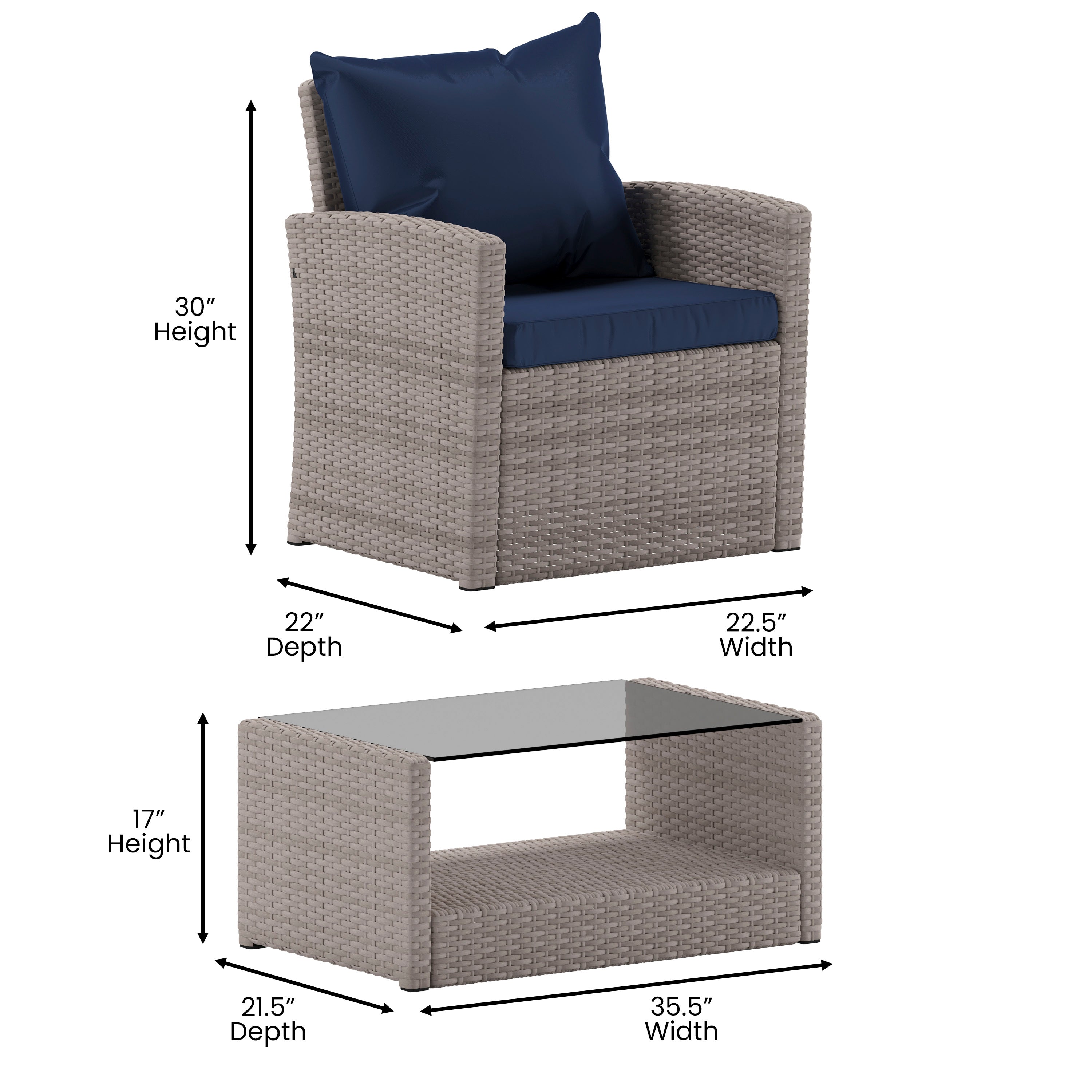 Aransas Series 4 Piece Light Gray Patio Set with Navy Back Pillows and Seat Cushions
