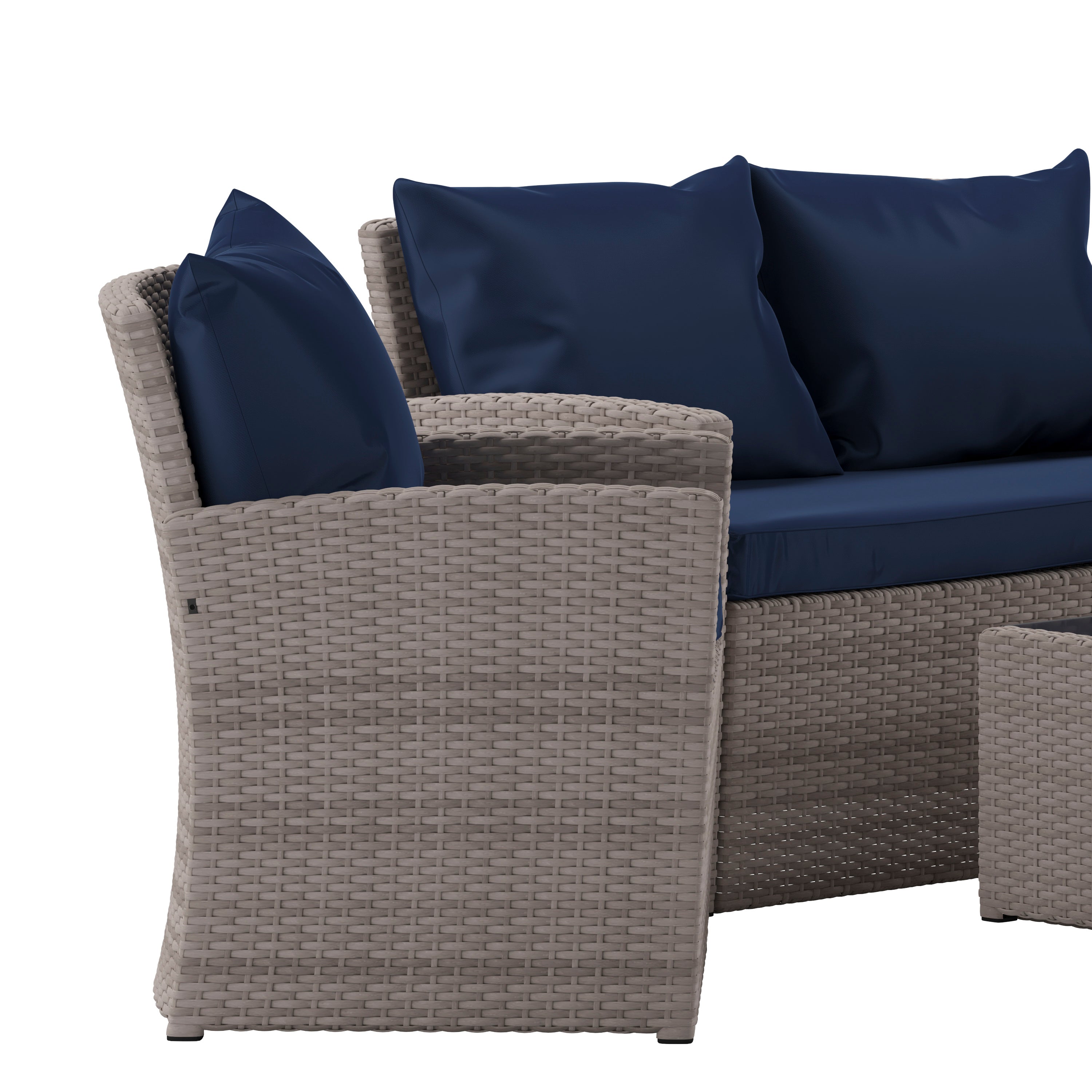 Aransas Series 4 Piece Light Gray Patio Set with Navy Back Pillows and Seat Cushions