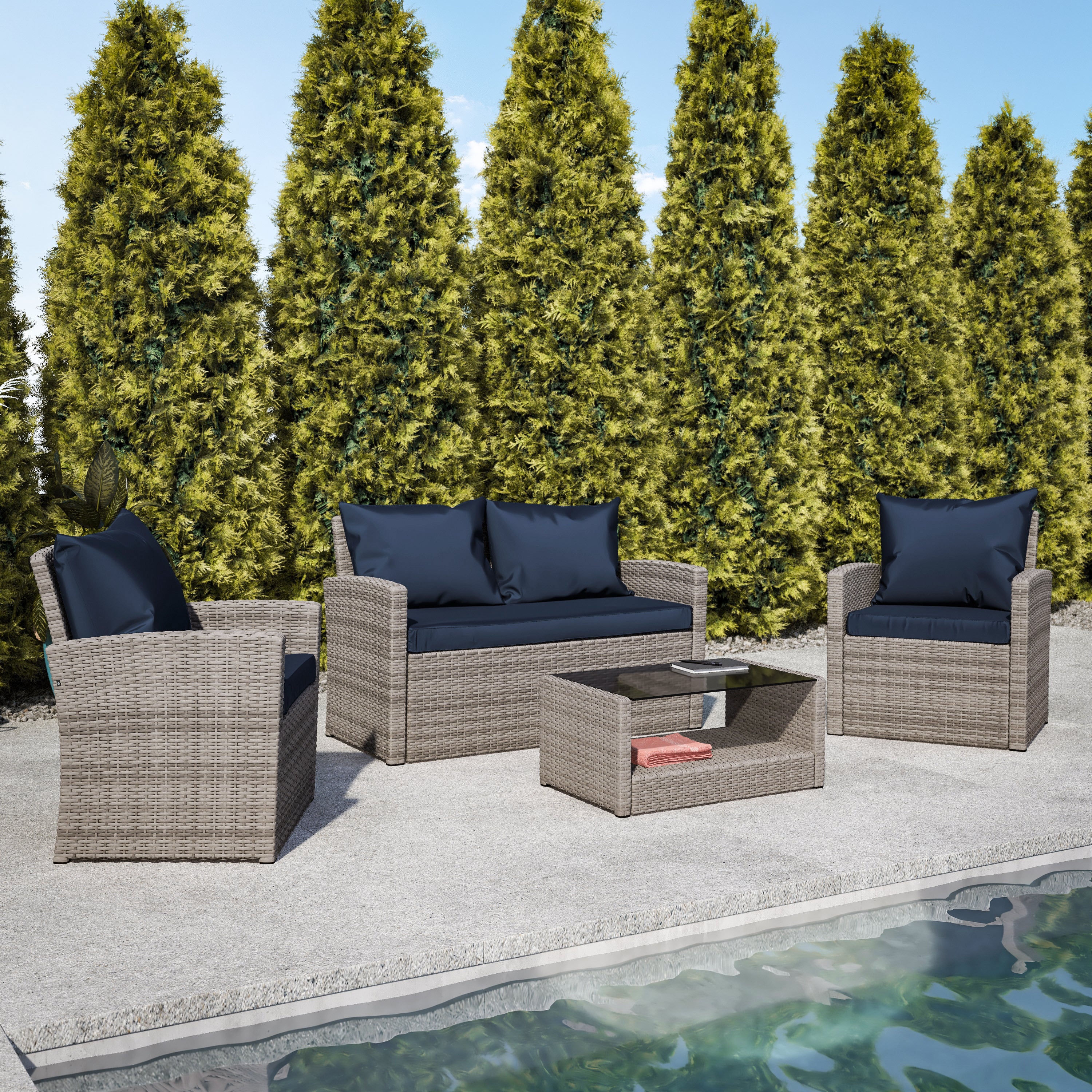 Aransas Series 4 Piece Light Gray Patio Set with Navy Back Pillows and Seat Cushions