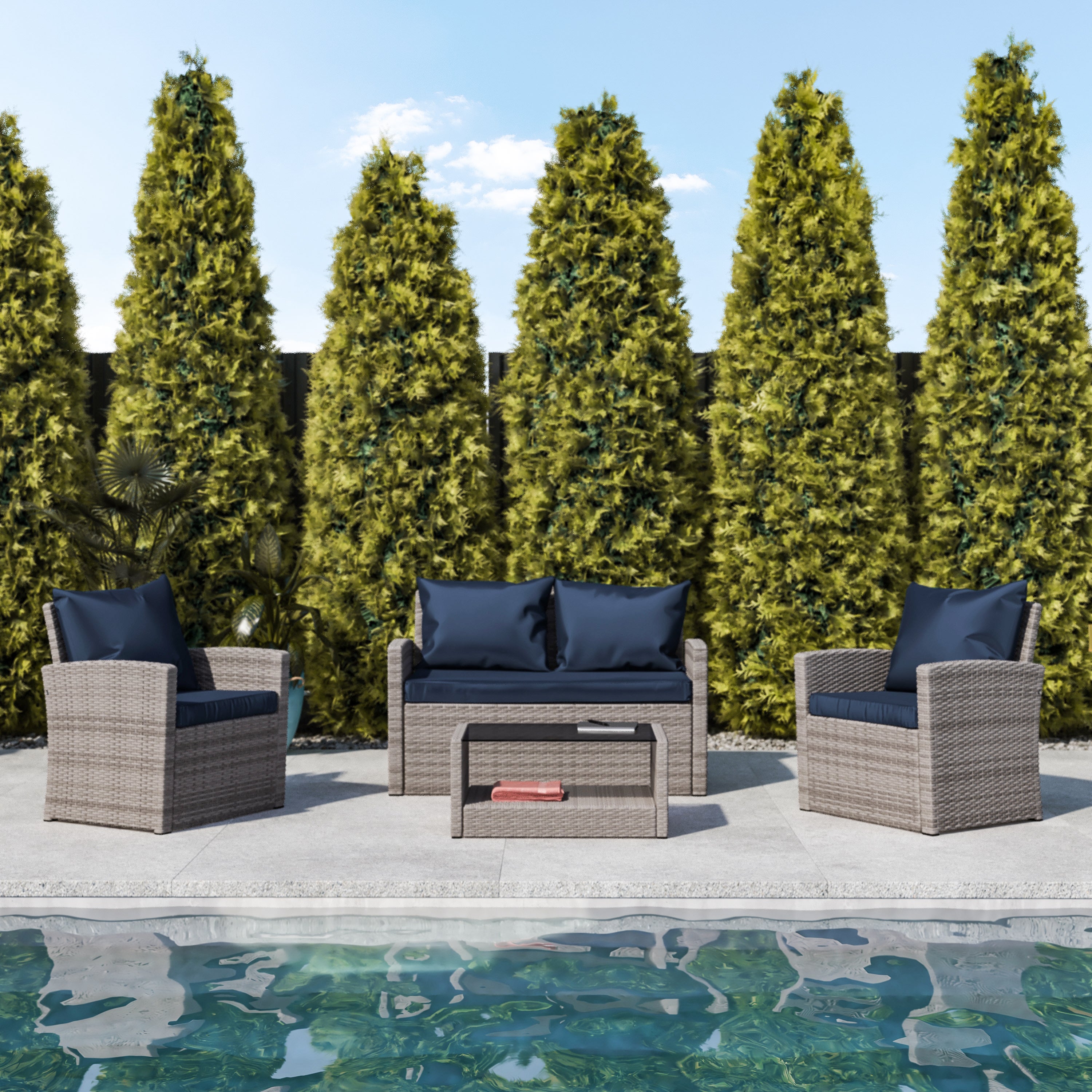 Aransas Series 4 Piece Light Gray Patio Set with Navy Back Pillows and Seat Cushions