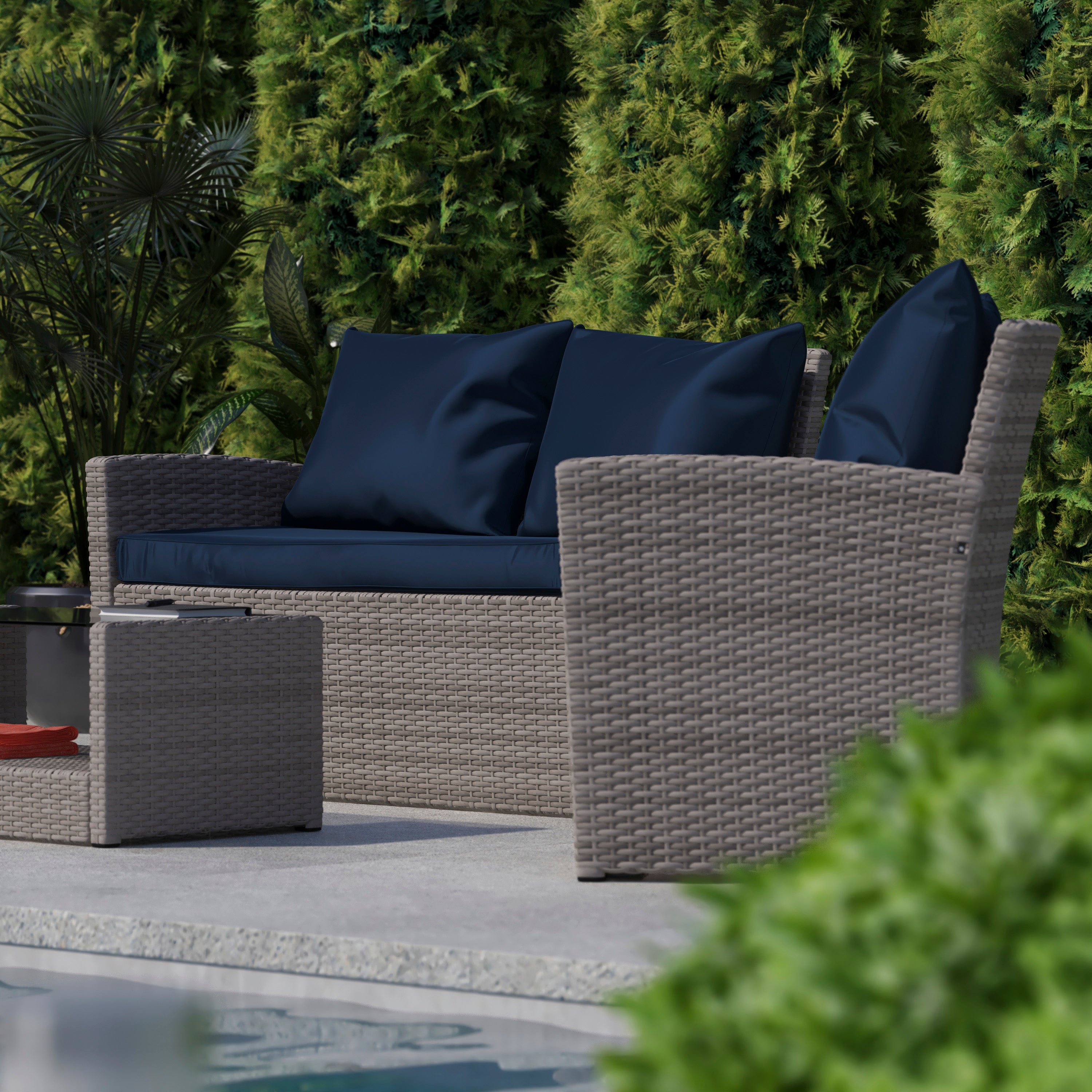 Aransas Series 4 Piece Light Gray Patio Set with Navy Back Pillows and Seat Cushions