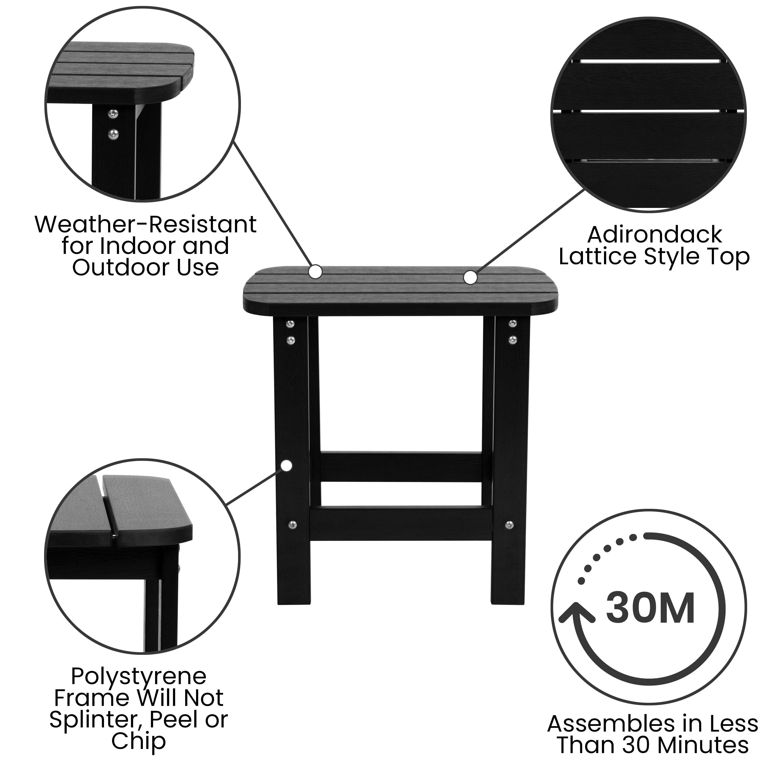 Charlestown All-Weather Poly Resin Wood Commercial Grade Adirondack Side Table in Black