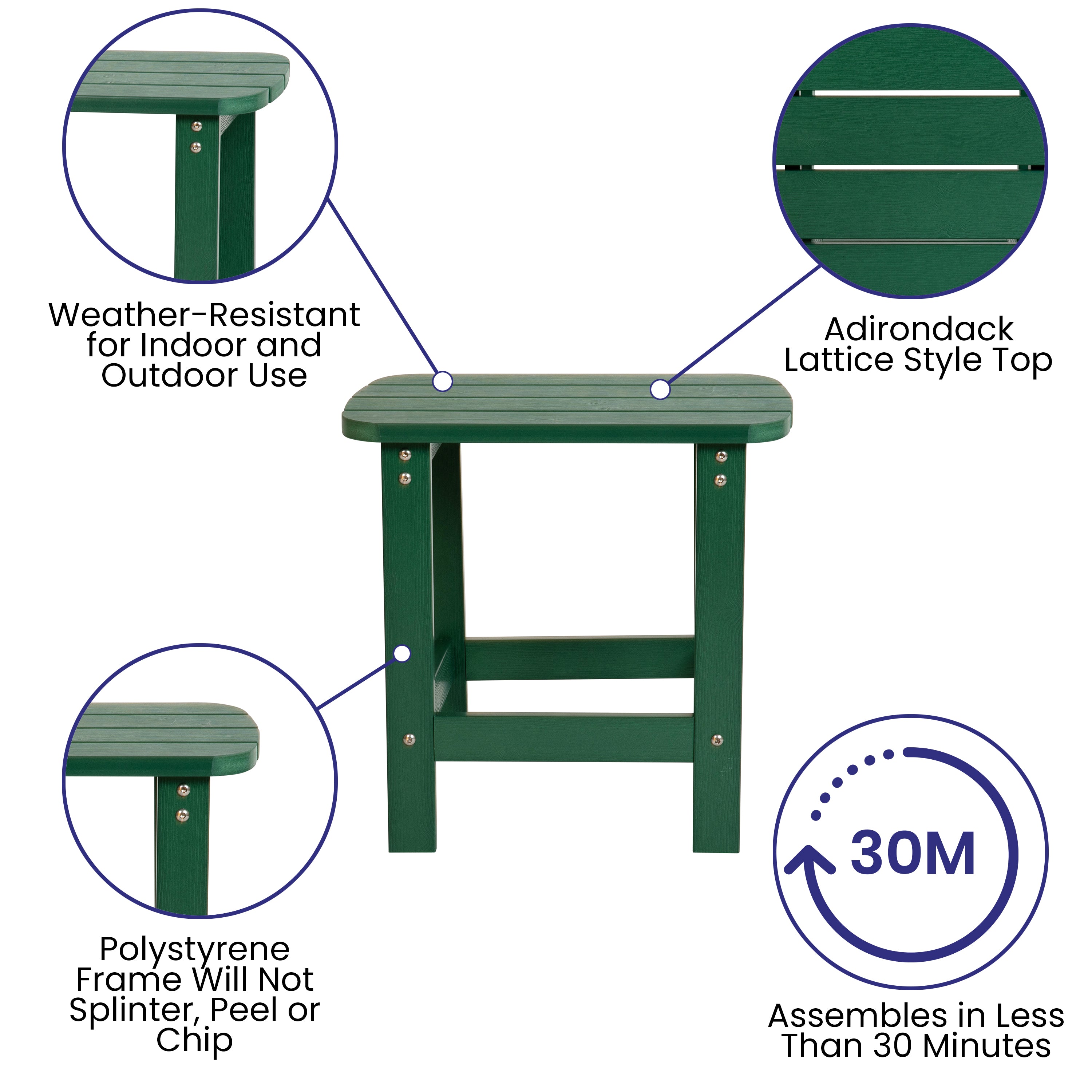 Charlestown All-Weather Poly Resin Wood Commercial Grade Adirondack Side Table in Green