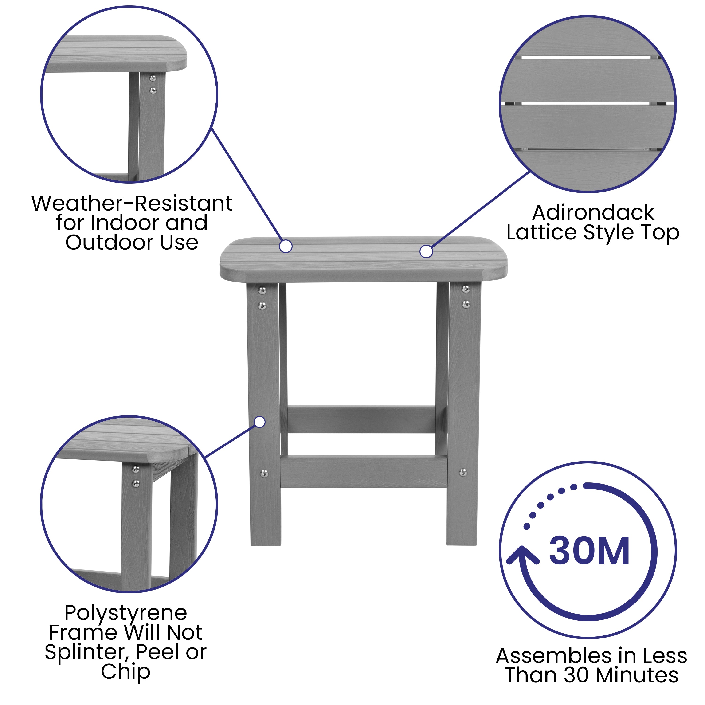 Charlestown All-Weather Poly Resin Wood Commercial Grade Adirondack Side Table in Gray