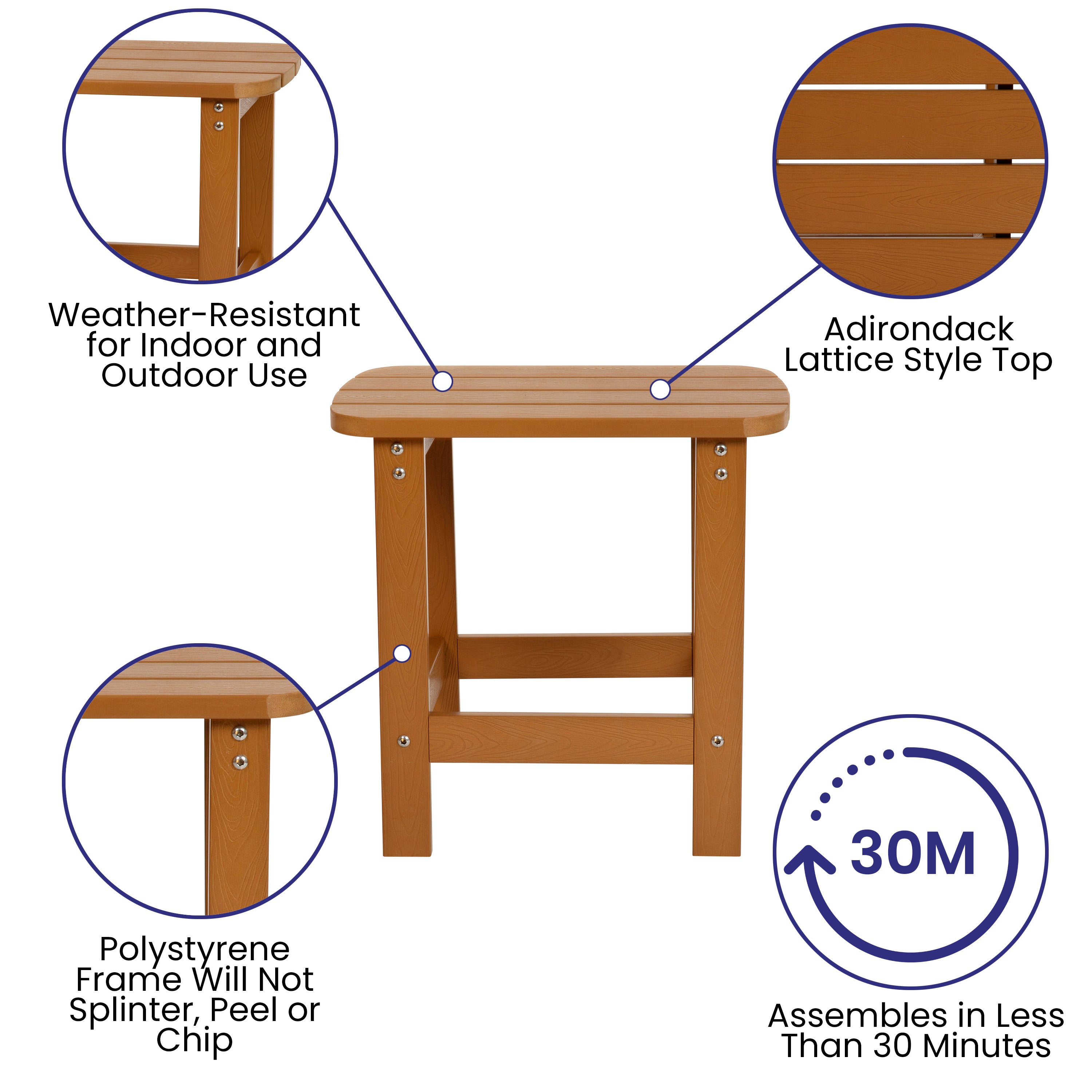 Charlestown All-Weather Poly Resin Wood Commercial Grade Adirondack Side Table in Teak