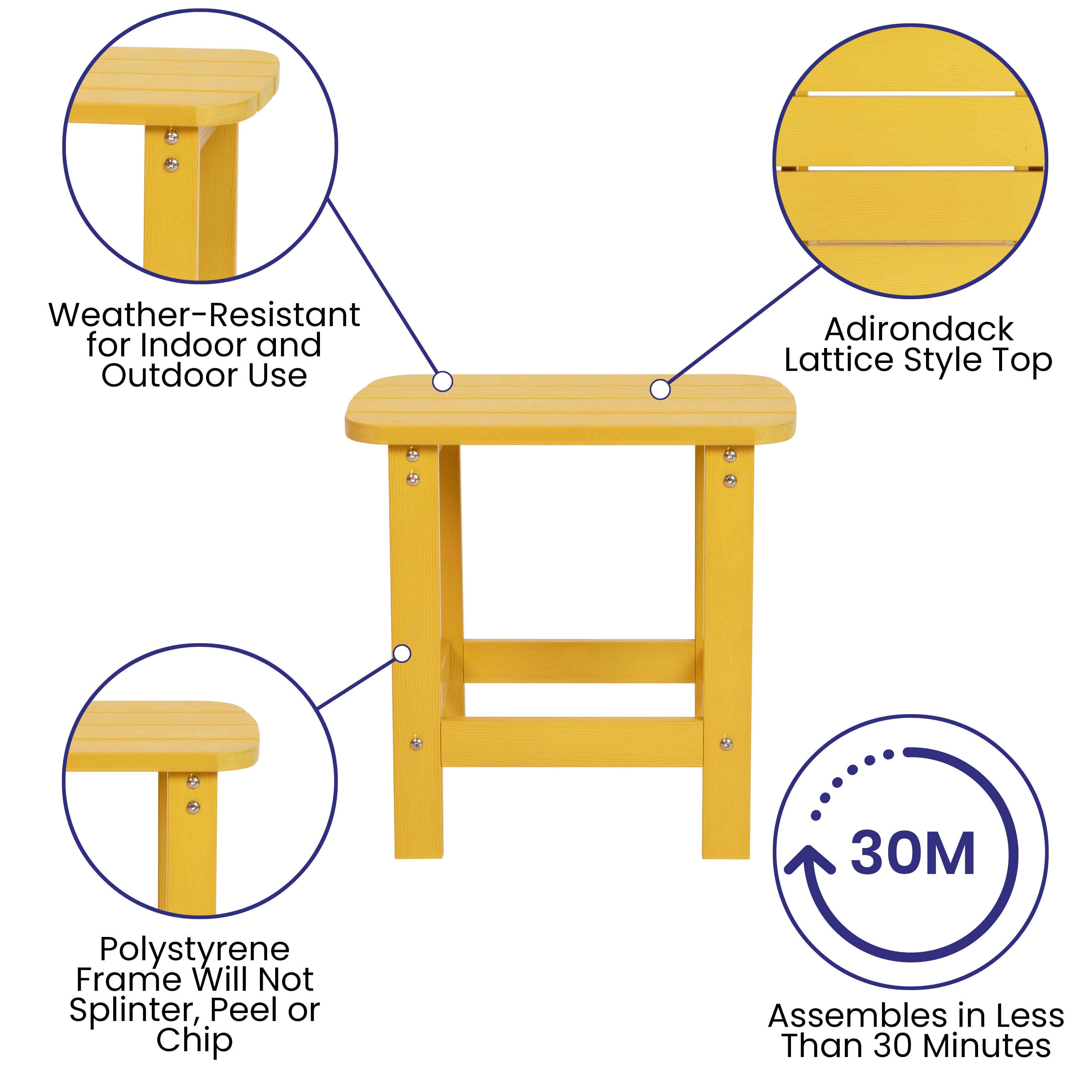 Charlestown All-Weather Poly Resin Wood Commercial Grade Adirondack Side Table in Yellow