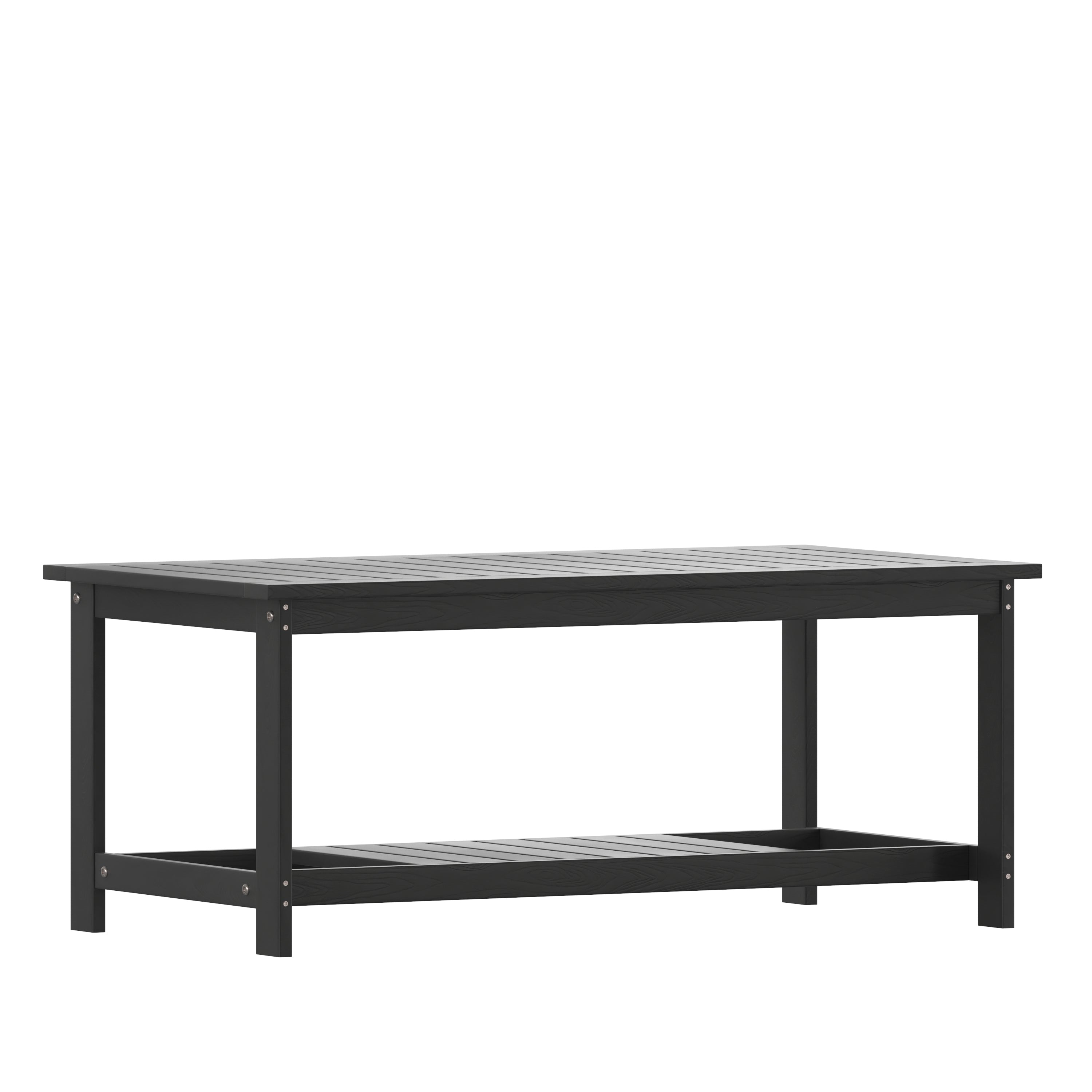 Charlestown All-Weather Poly Resin Wood Two Tiered Commercial Grade Adirondack Slatted Coffee Conversation Table in Black
