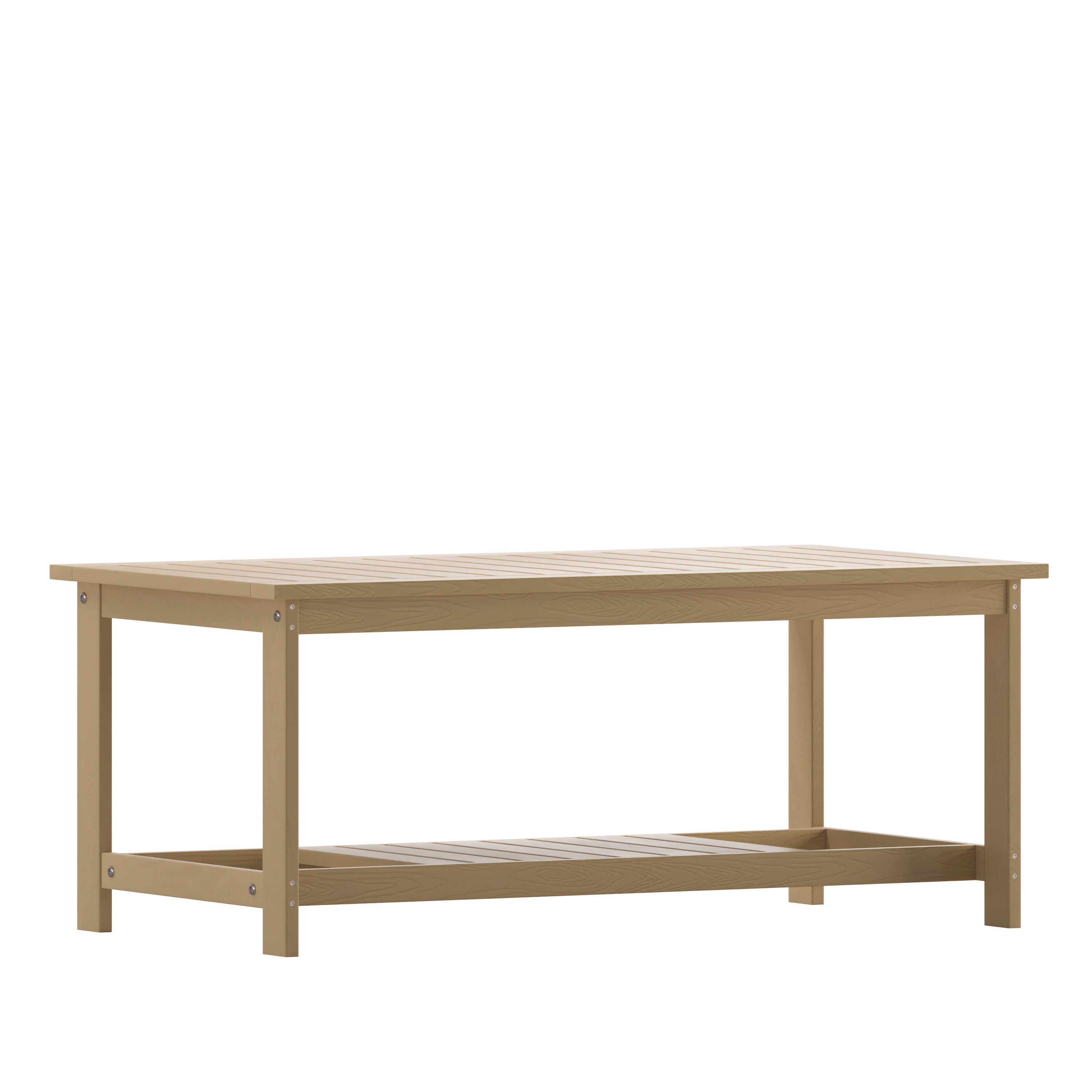 Charlestown All-Weather Poly Resin Wood Two Tiered Commercial Grade Adirondack Slatted Coffee Conversation Table in Natural Cedar