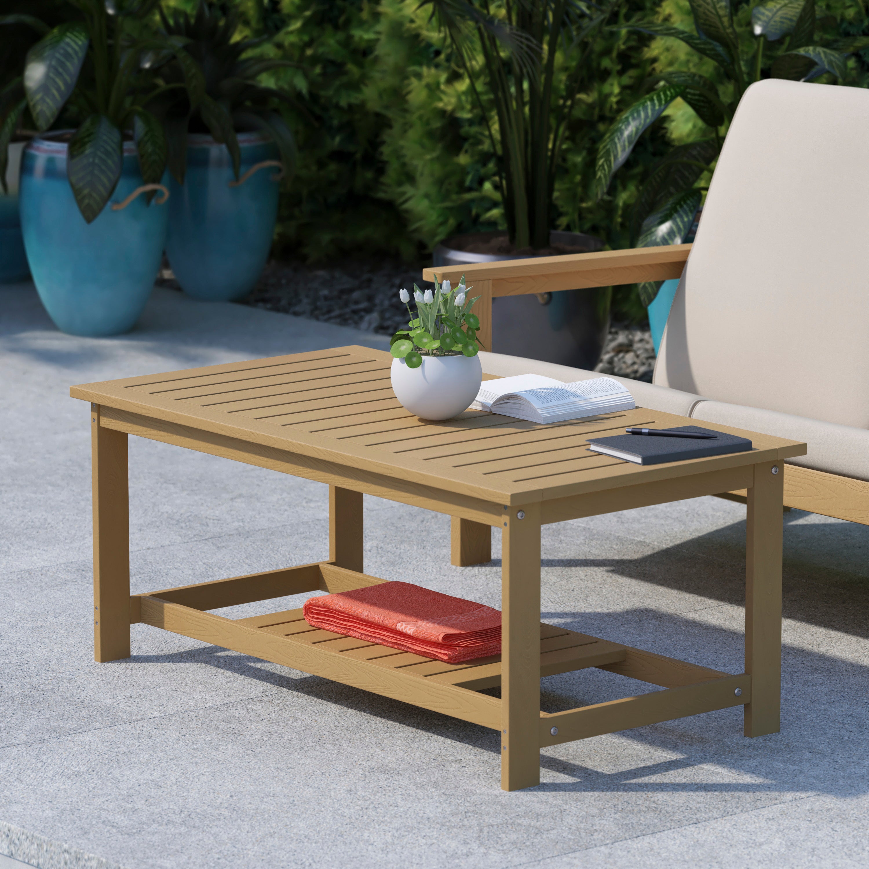Charlestown All-Weather Poly Resin Wood Two Tiered Commercial Grade Adirondack Slatted Coffee Conversation Table in Natural Cedar