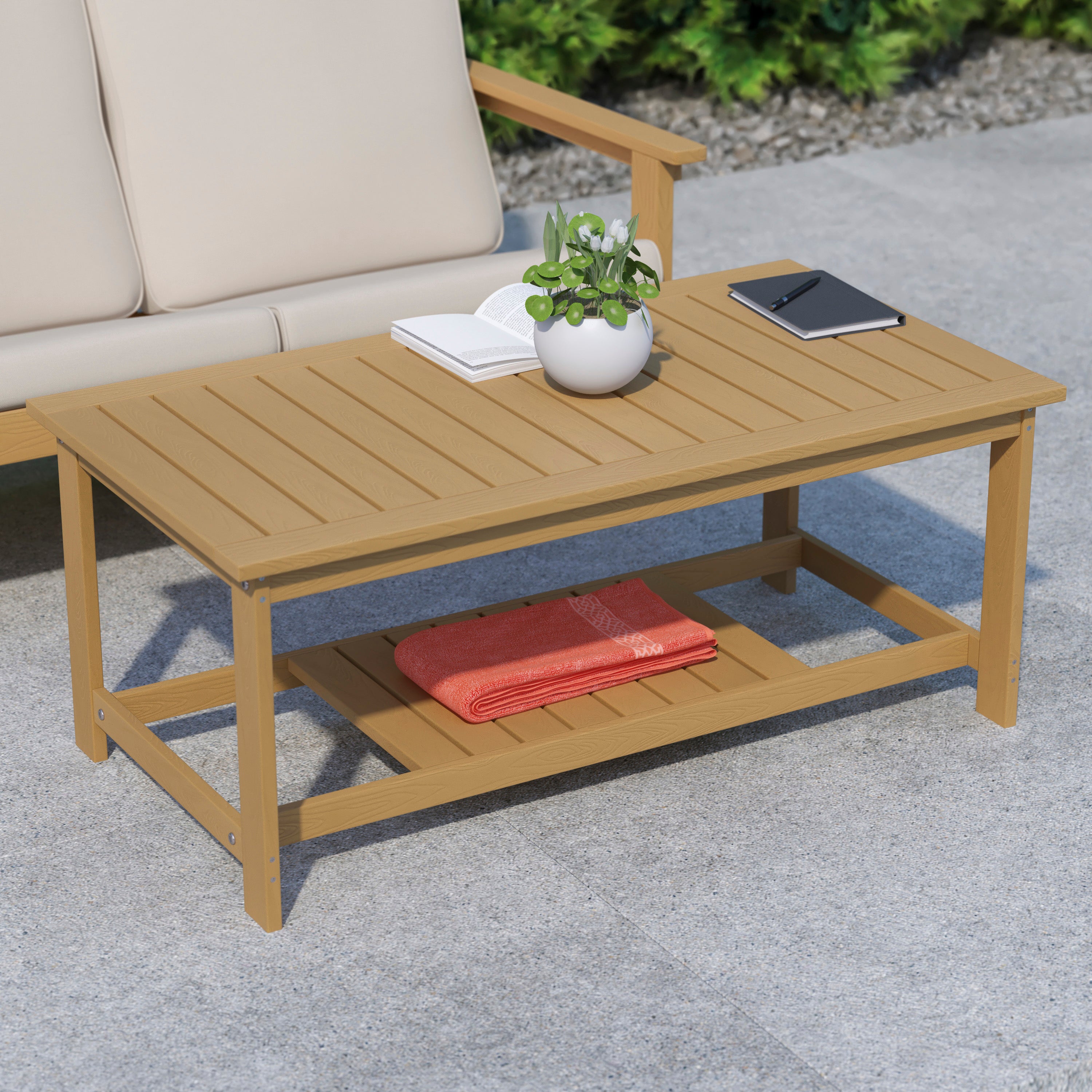Charlestown All-Weather Poly Resin Wood Two Tiered Commercial Grade Adirondack Slatted Coffee Conversation Table in Natural Cedar